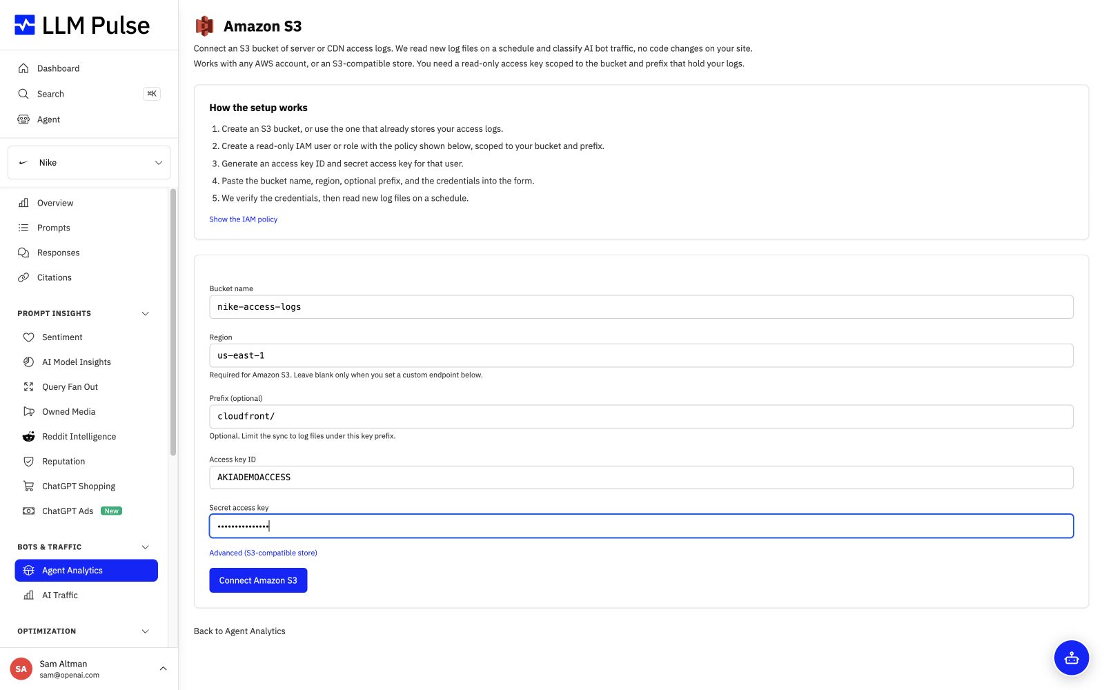 Connect an Amazon S3 bucket to Agent Analytics