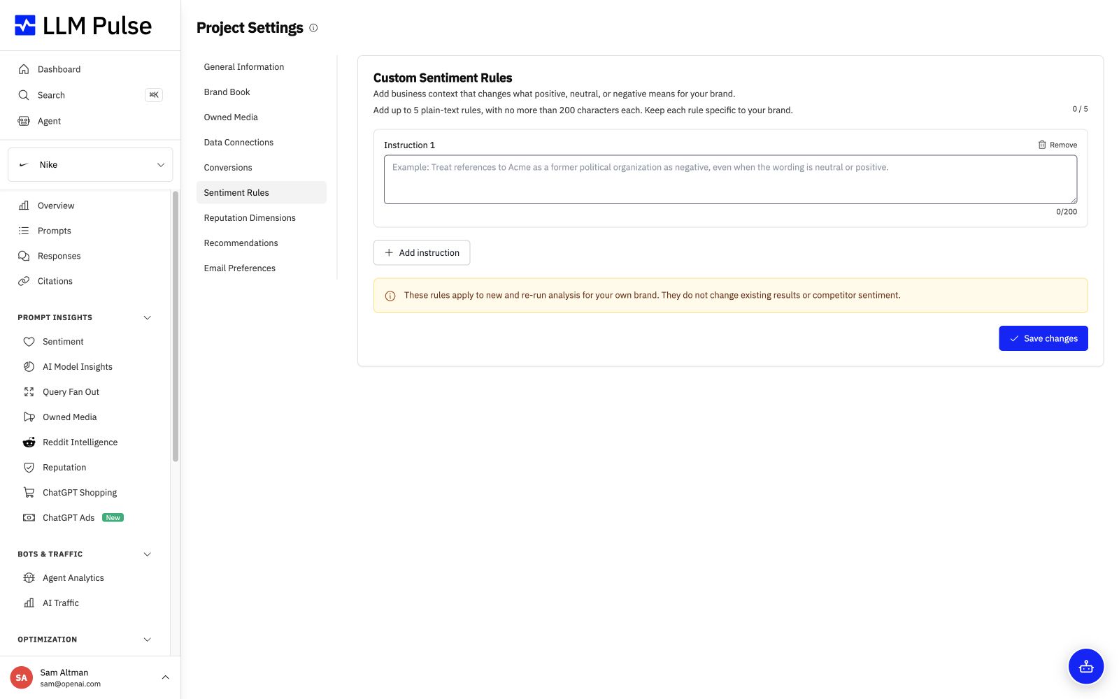 Project-specific sentiment rules