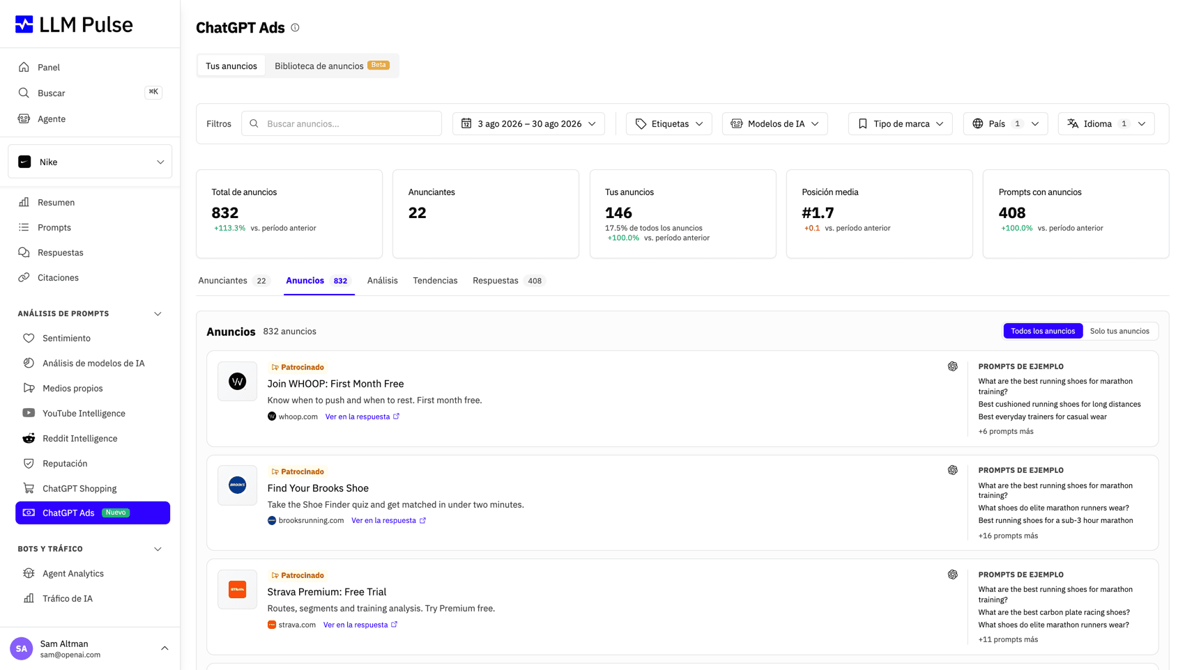 Seguimiento de ChatGPT Ads en LLM Pulse
