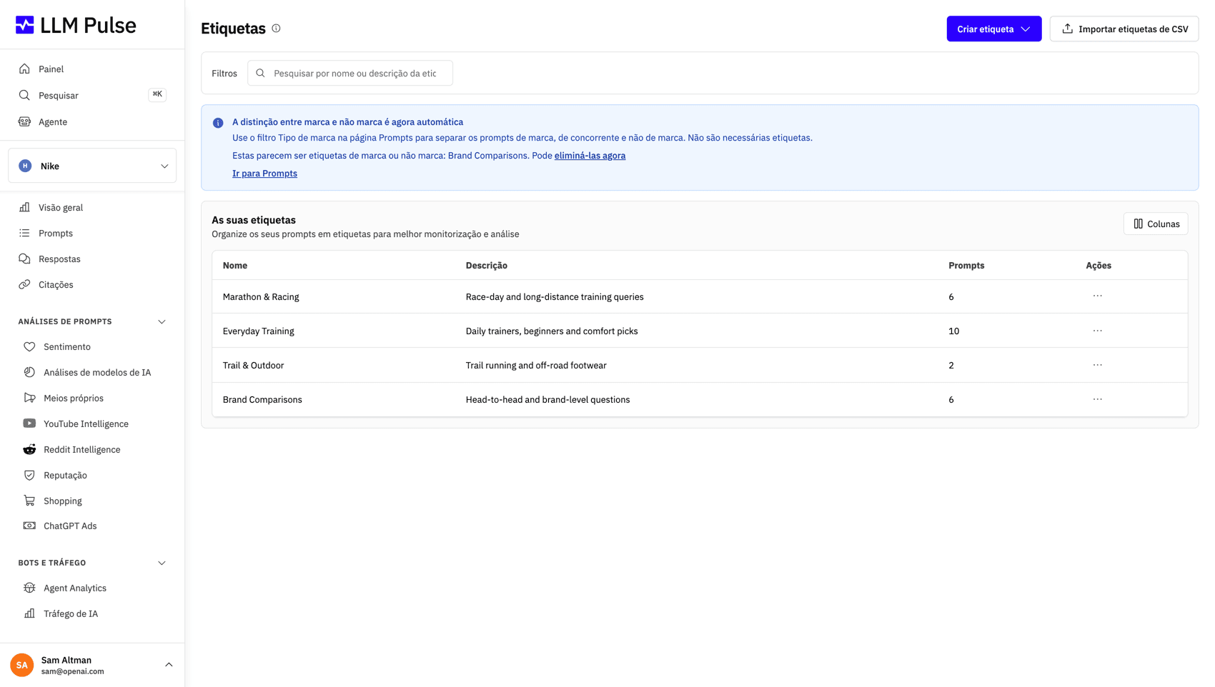 Organize os Prompts com etiquetas personalizadas para uma análise focada