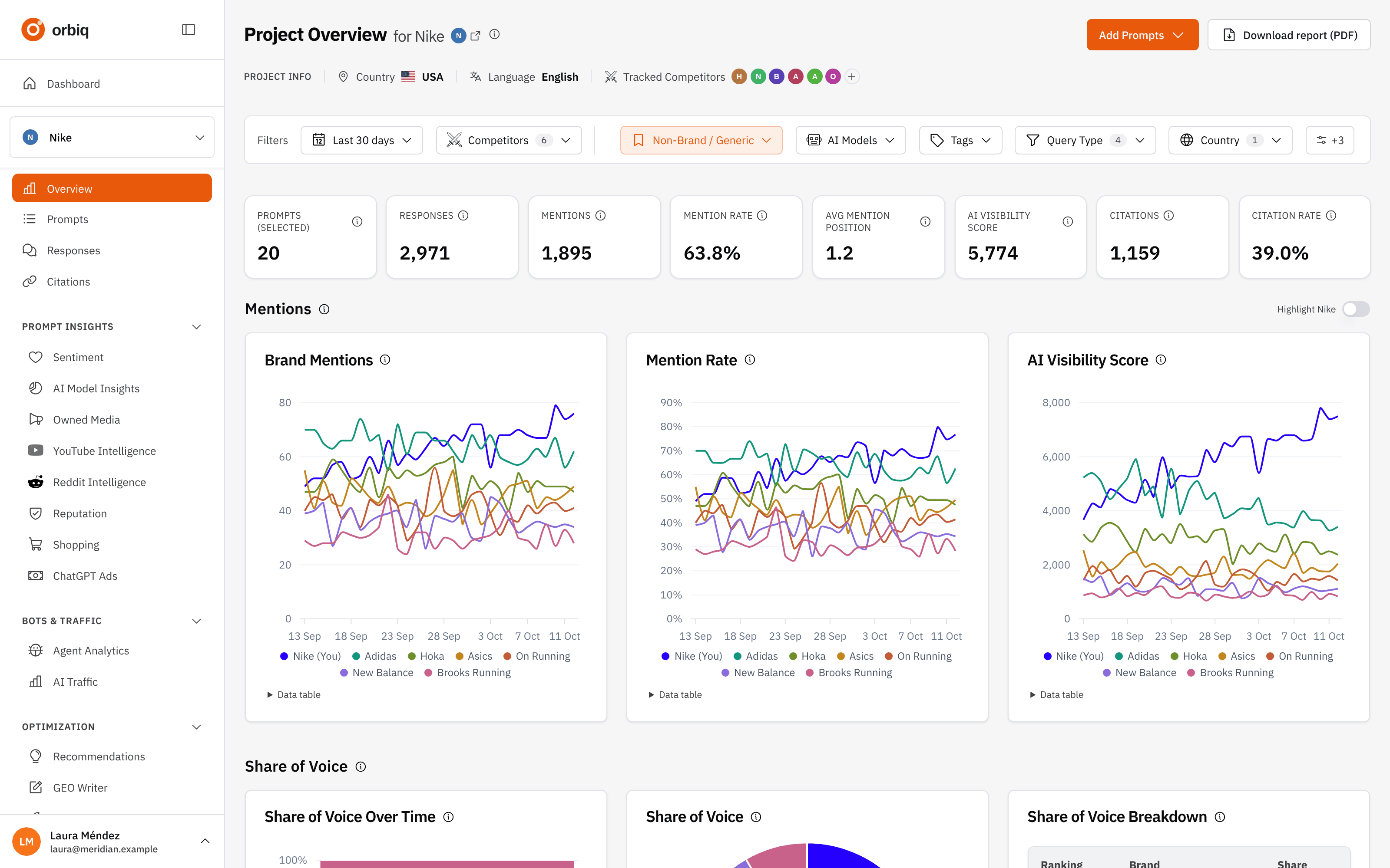 AI visibility overview dashboard running as a white label workspace under a fictional software brand