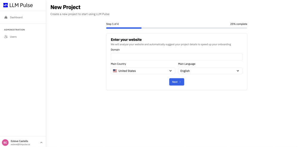 New Project step 1 form with fields for Domain, Main Country, and Main Language