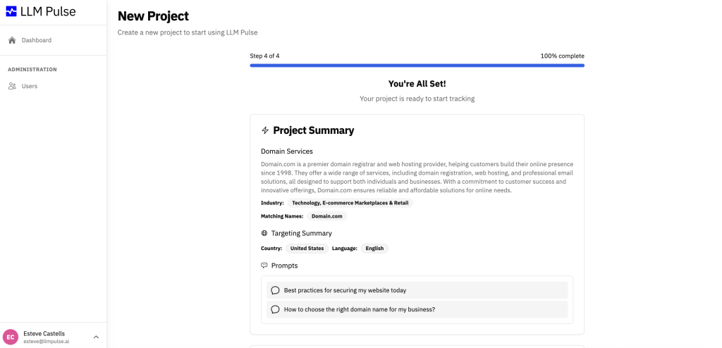 New Project step 4 project summary showing targeting summary and selected prompts with 100% complete