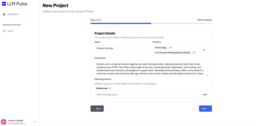 New Project step 2 form for Project Details including Name, Industry, Description, and Matching Names