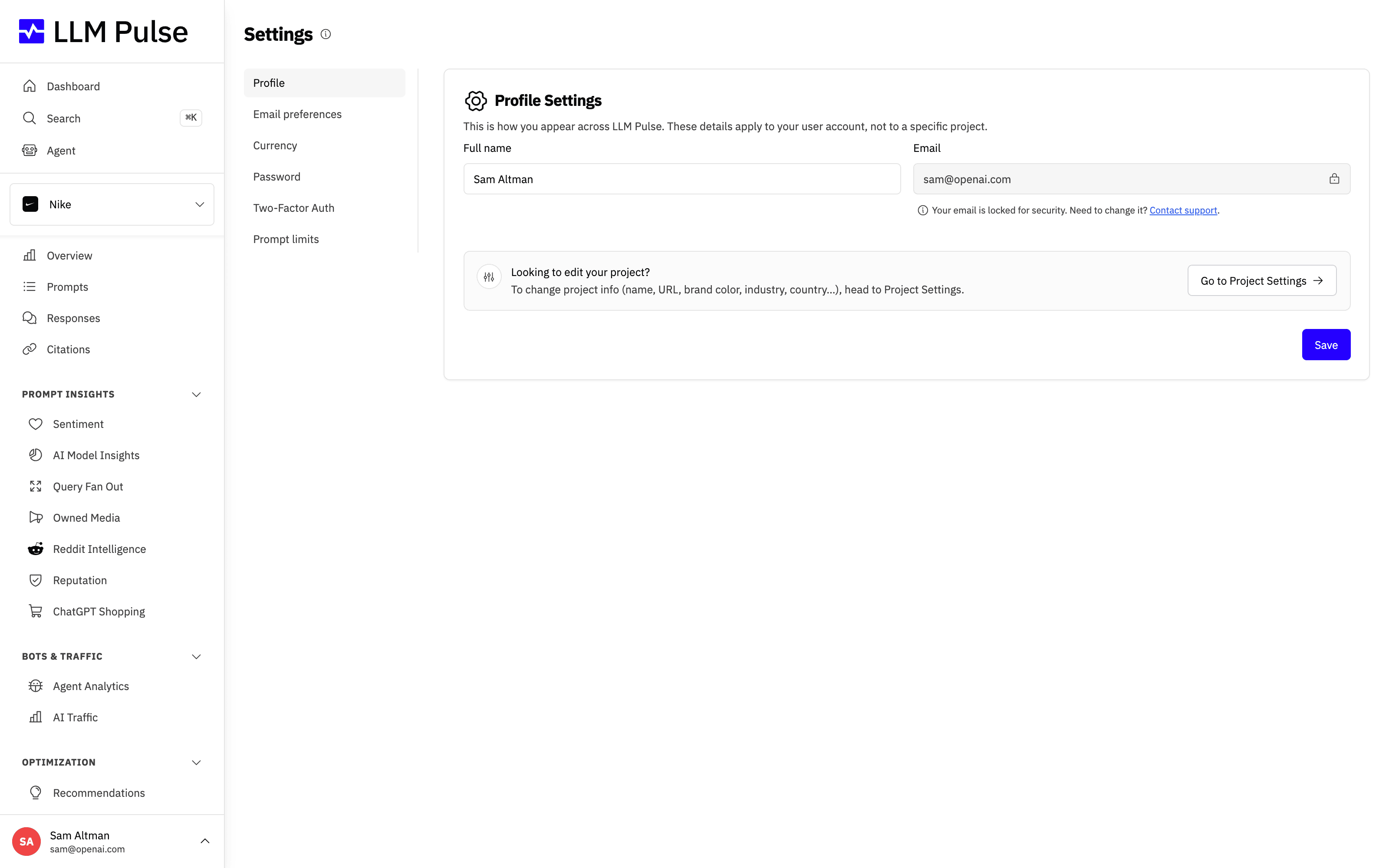Account settings in LLM Pulse