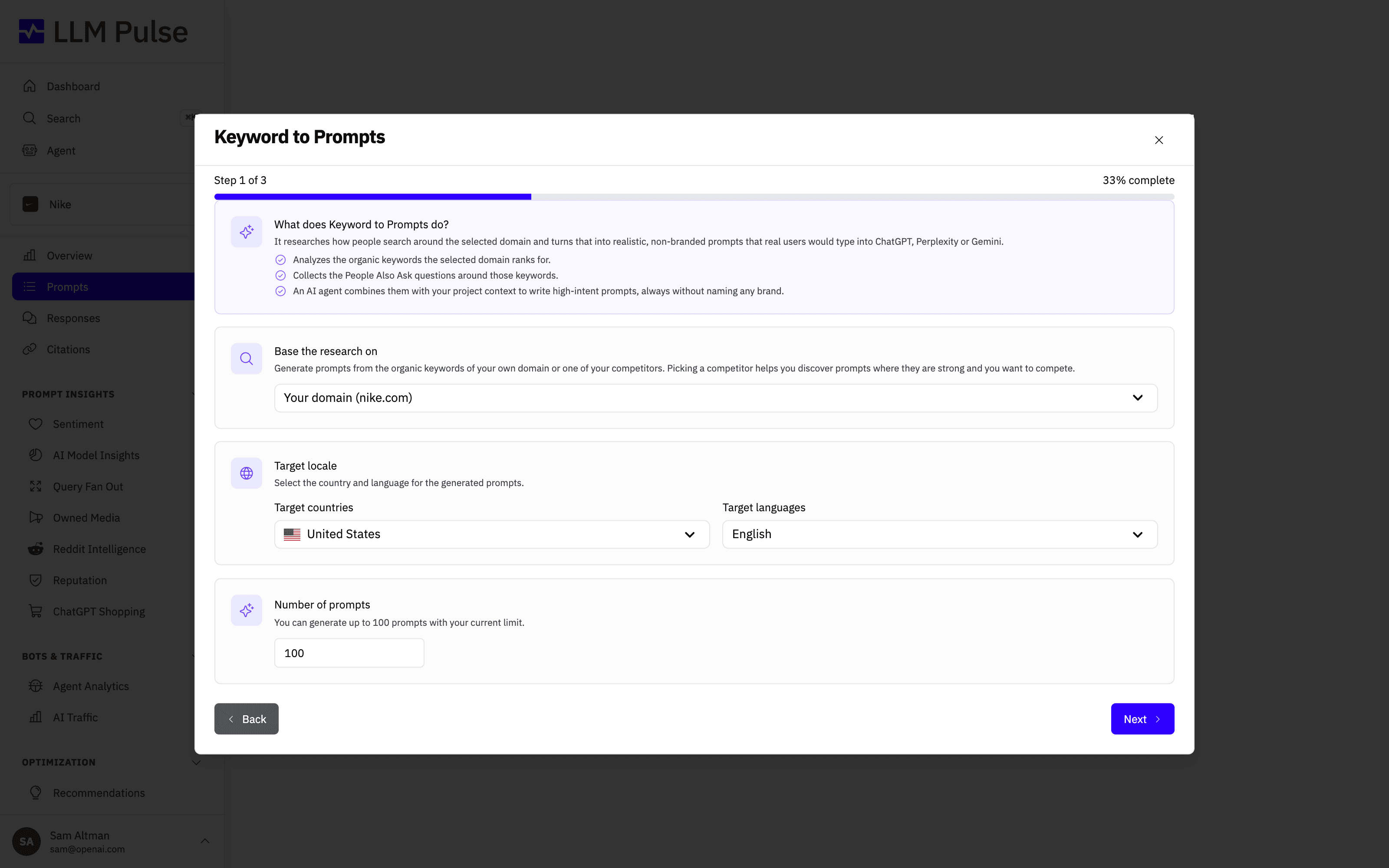 The Keyword to Prompts AI Agent in LLM Pulse generating realistic, non-branded prompts from the organic keywords your domain or a competitor ranks for