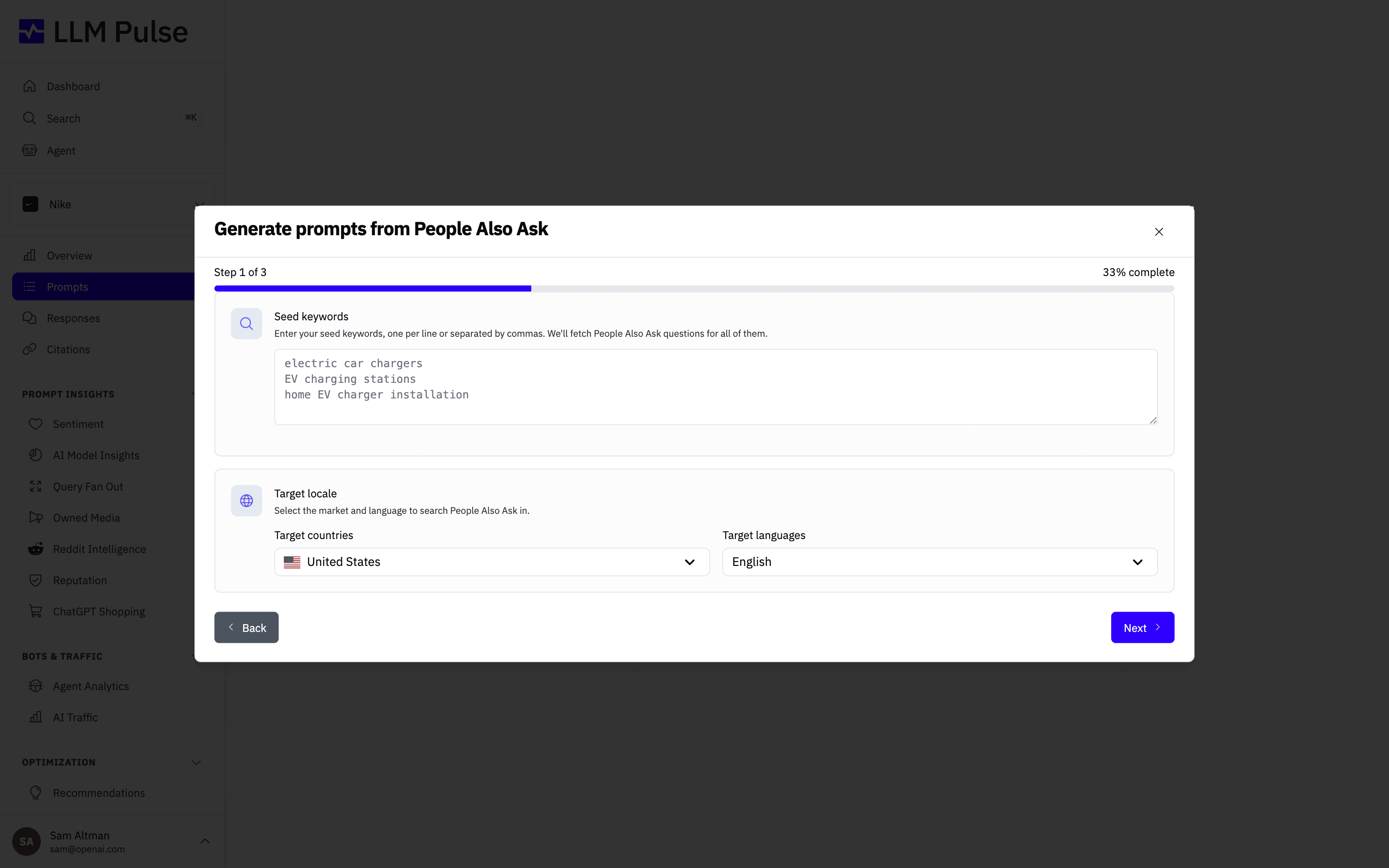 The Generate prompts from People Also Ask modal in LLM Pulse, with a seed keywords box and target country and language selectors