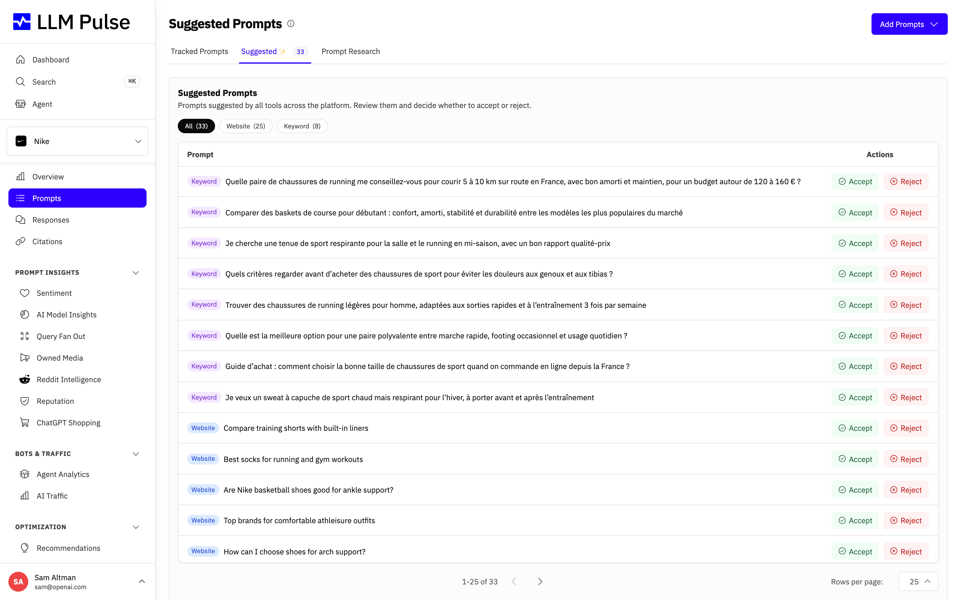 The Suggested Prompts tab in LLM Pulse showing AI-generated prompt ideas, each with Accept and Reject actions so you can curate what gets tracked