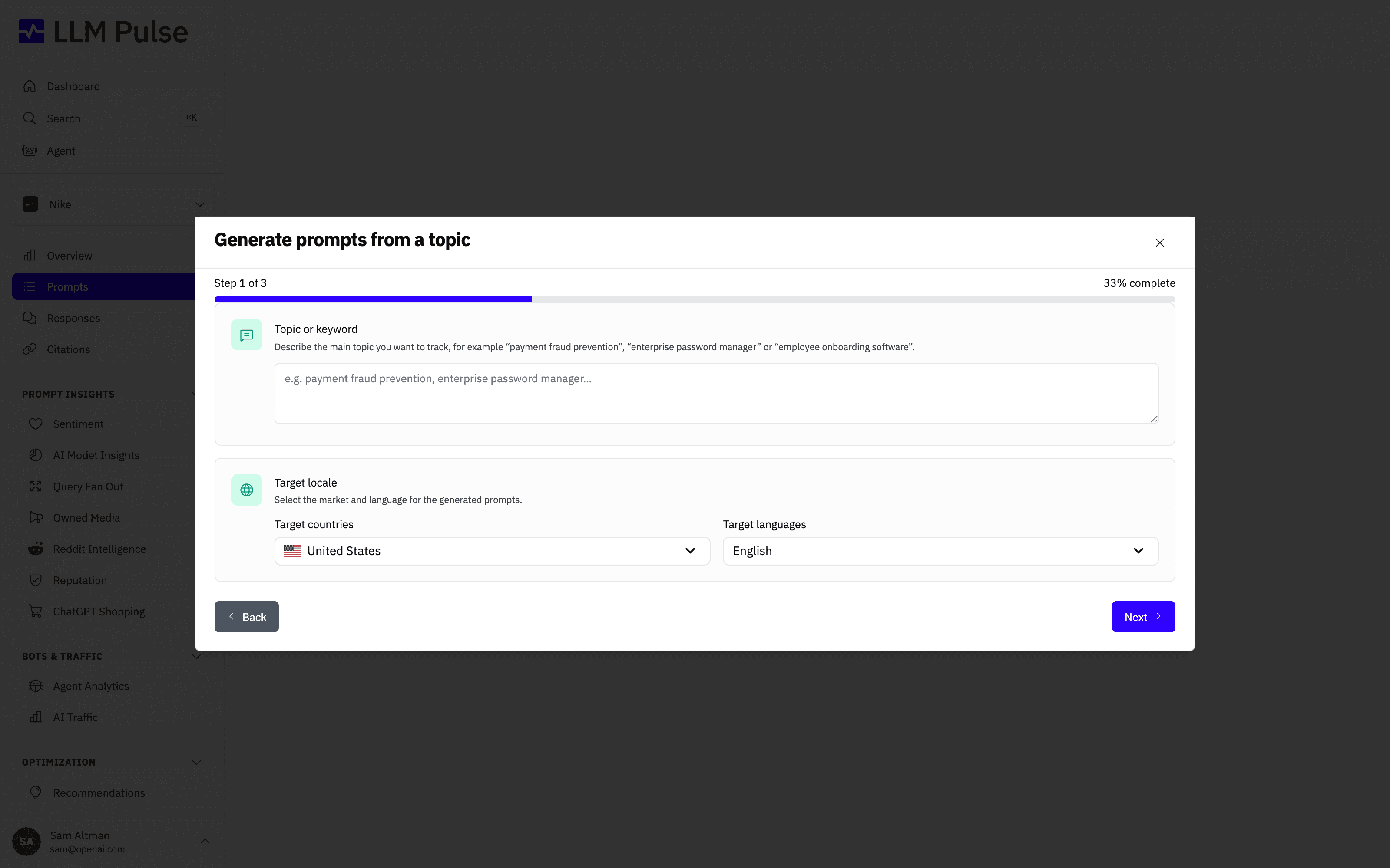 The Generate prompts from a topic modal in LLM Pulse, where you describe a topic or keyword and pick a target country and language for the generated prompts