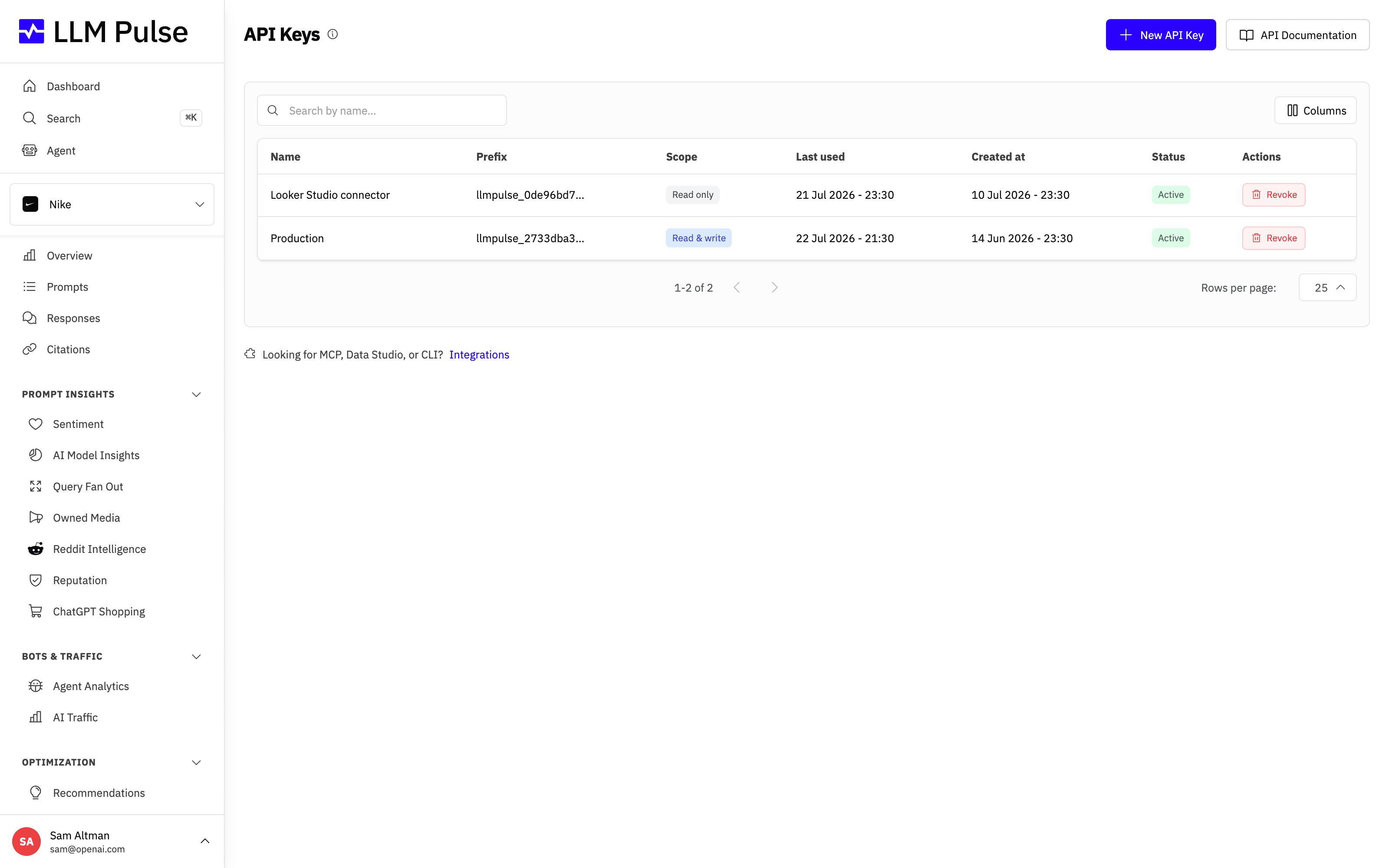 API Keys page in LLM Pulse, the starting point for using the REST API with bearer token authentication