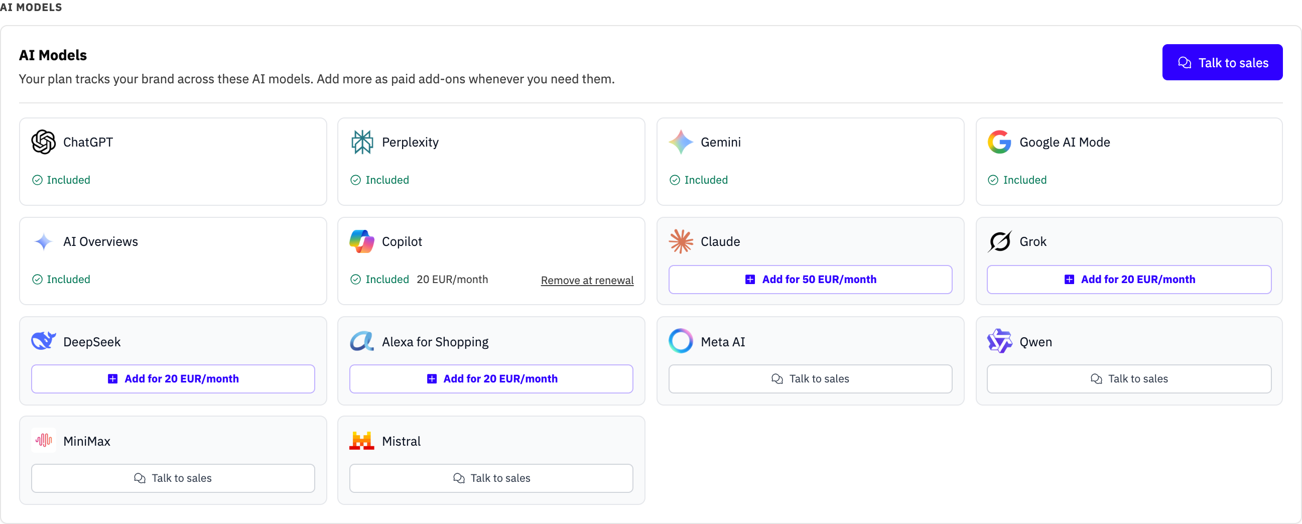 AI Models section showing included models and paid add-on options