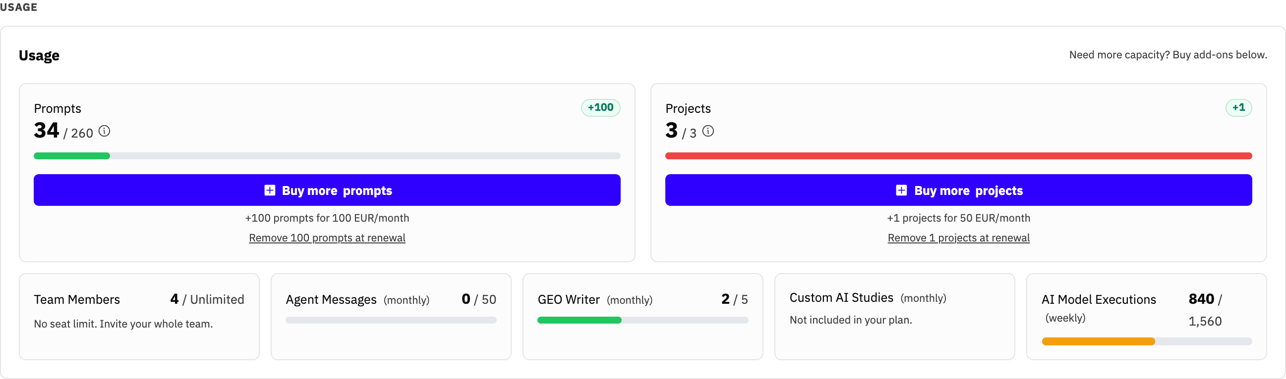 Usage section showing prompt and project allowances with options to buy or remove add-on capacity