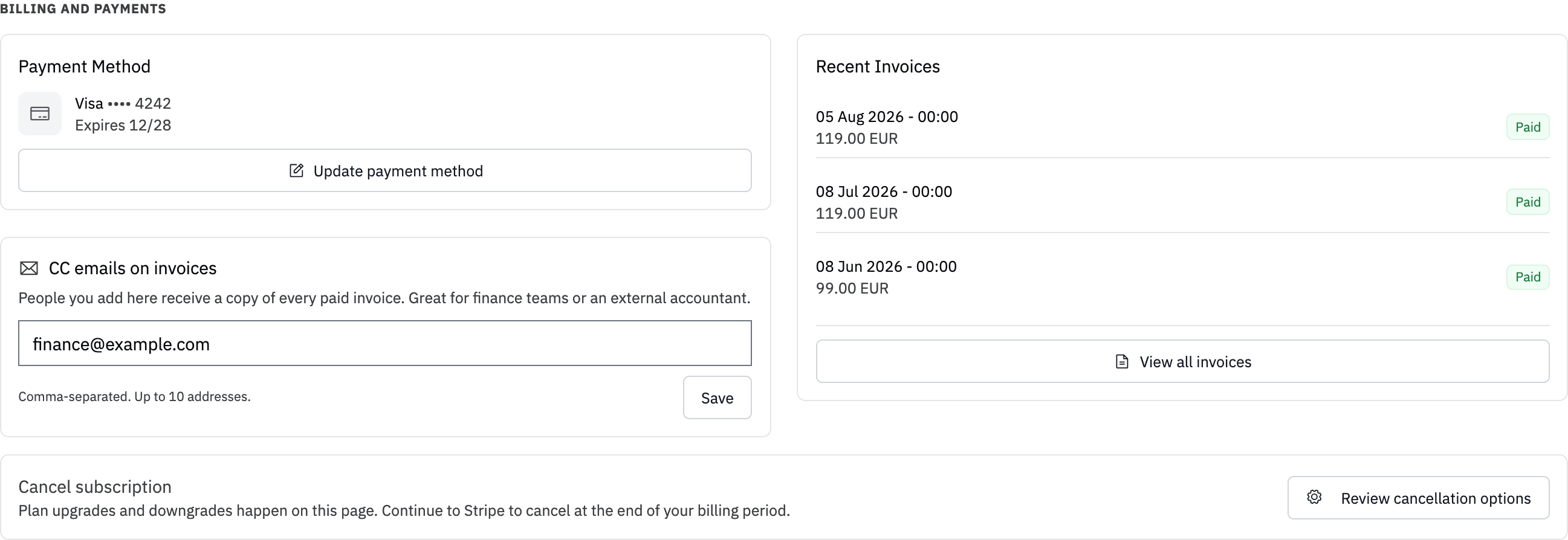 Billing and payments section with payment method, invoice CC emails and recent invoices