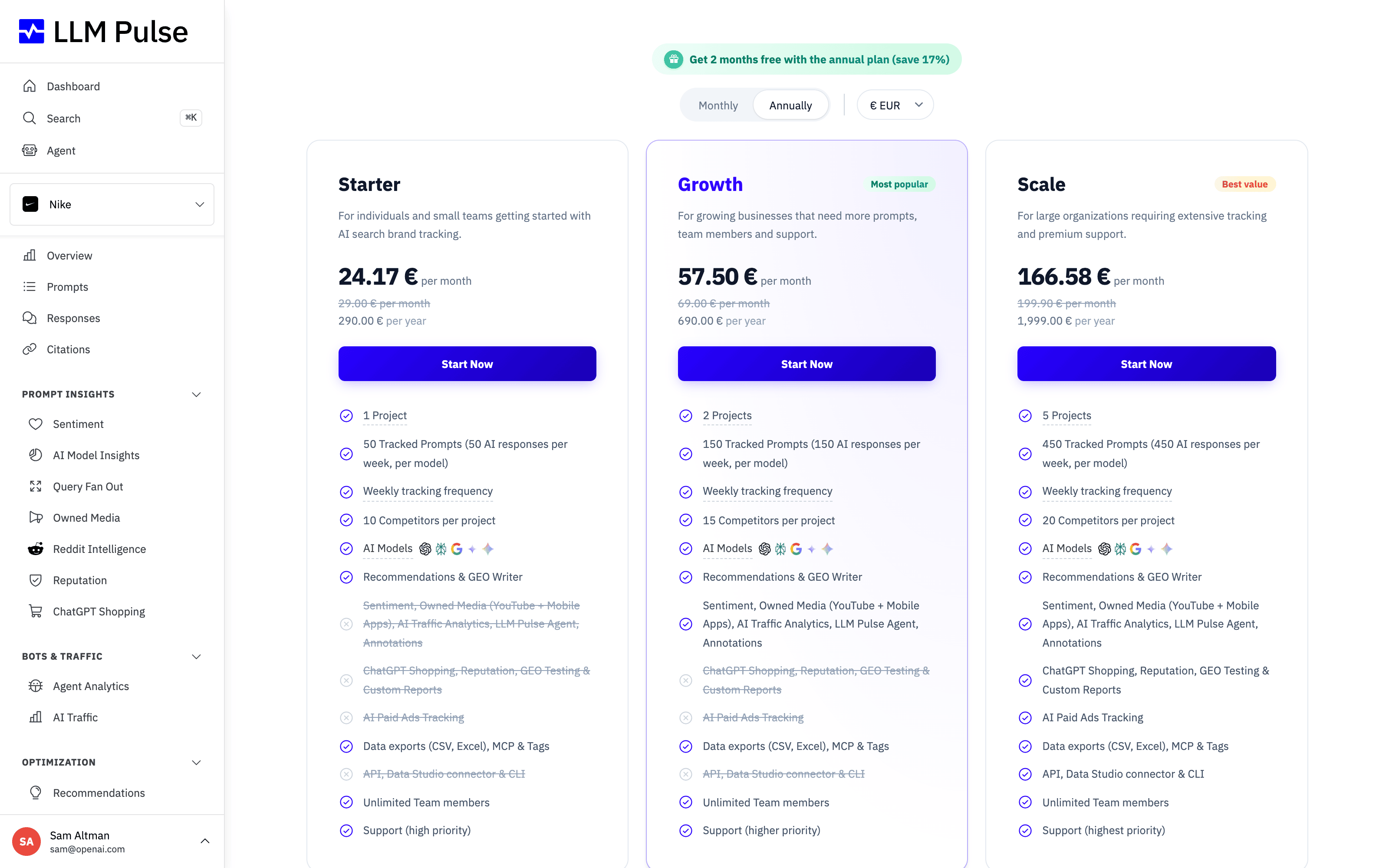 Plans and billing in LLM Pulse showing the Starter, Growth and Scale plans with monthly and annual pricing and features