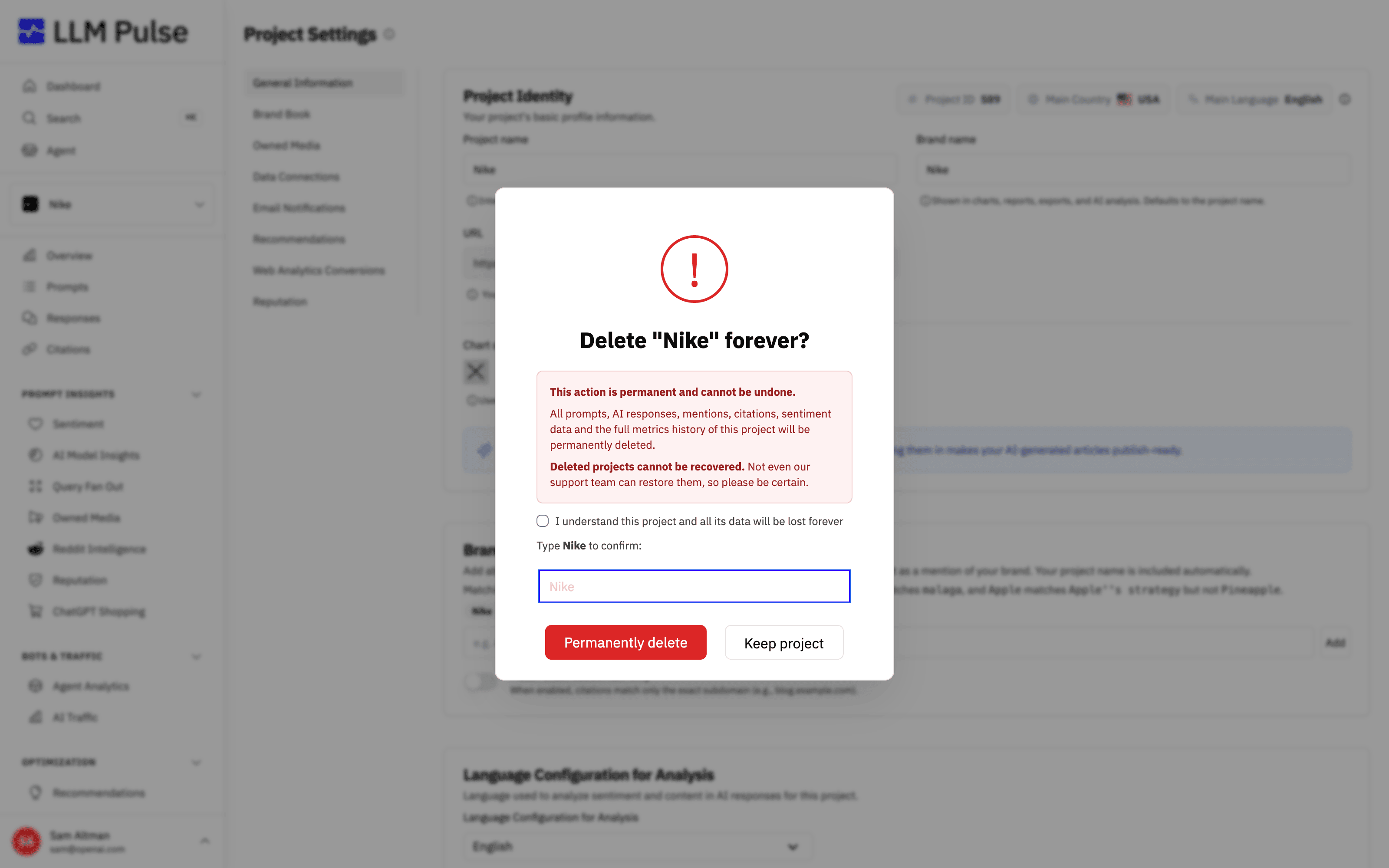 Delete confirmation dialog in LLM Pulse warning that deletion is permanent, with a confirmation checkbox and a field to type the project name