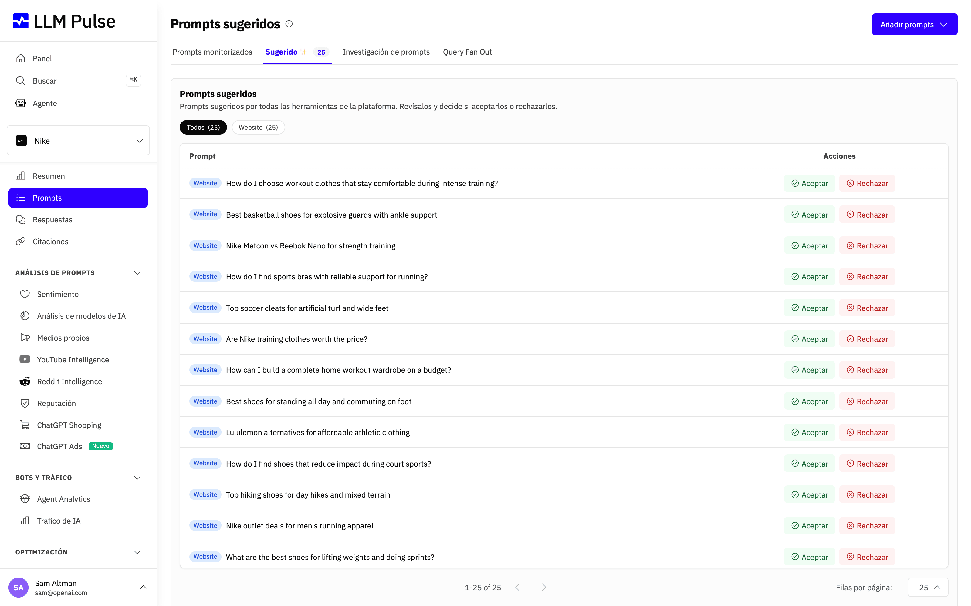 Pestaña Suggested Prompts de LLM Pulse con ideas de prompts generadas por IA, cada una con acciones Accept y Reject para seleccionar lo que se monitorizará