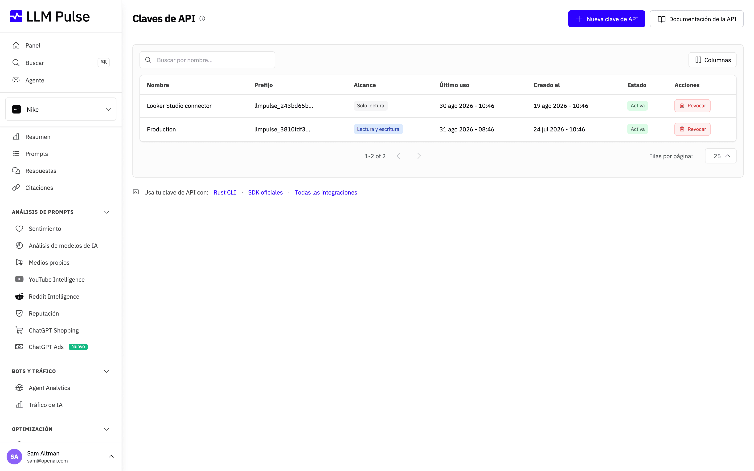 Página de API Keys en LLM Pulse, el punto de partida para usar la API REST con autenticación mediante token bearer