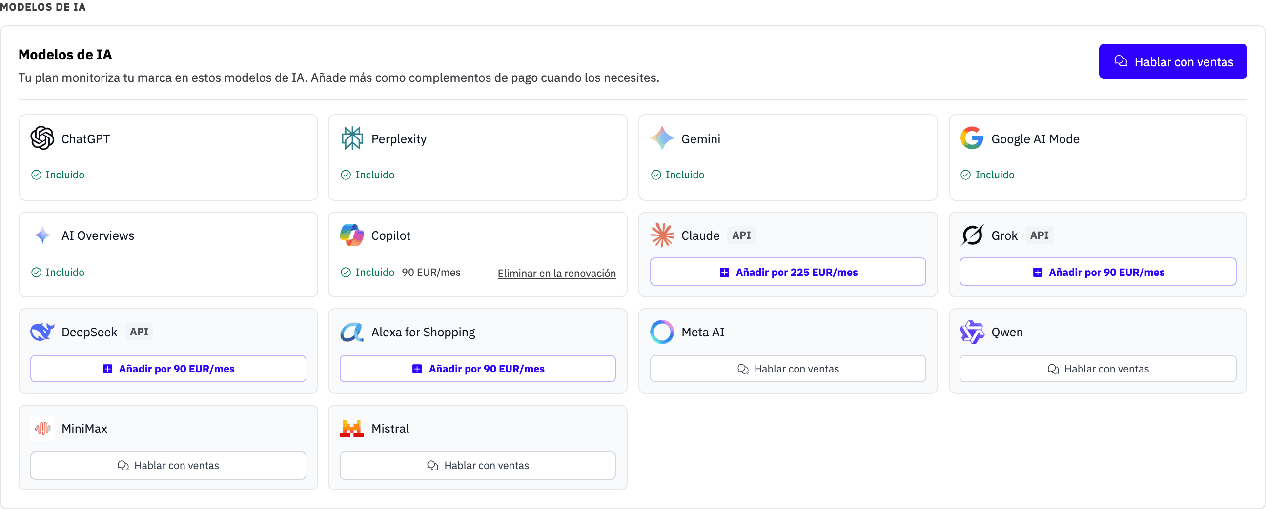 Sección Modelos de IA con los modelos incluidos y las opciones de complementos de pago