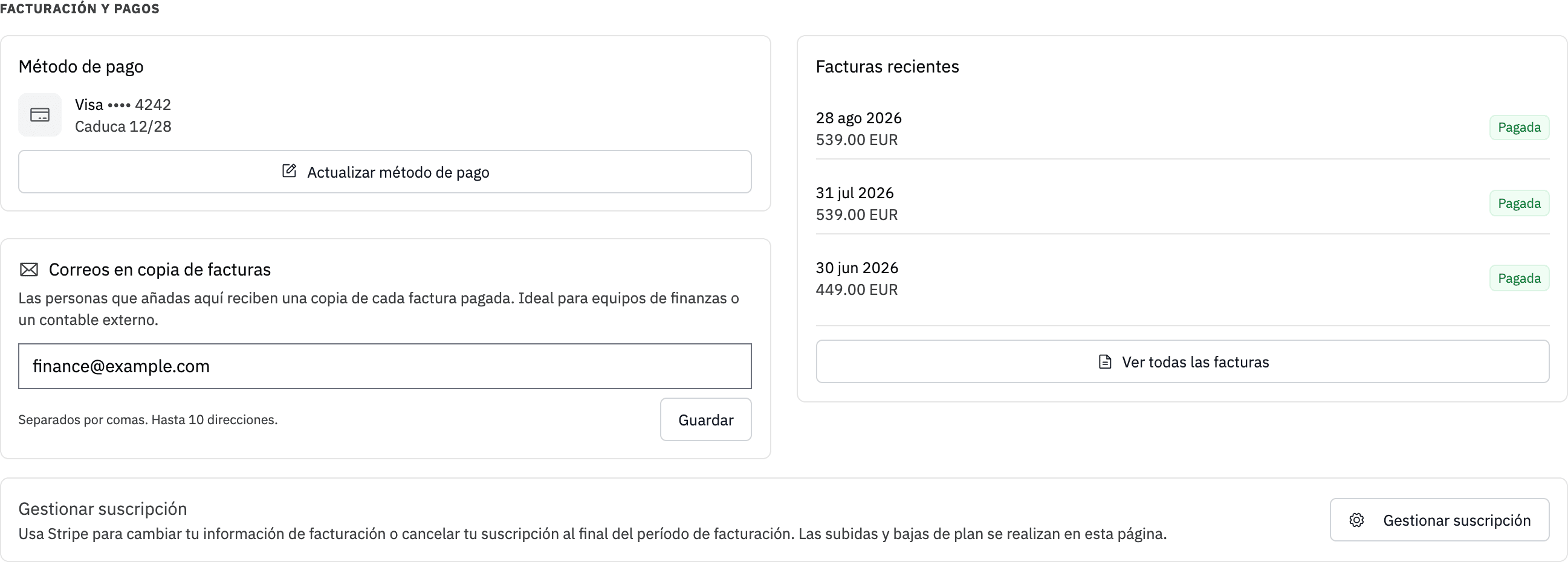 Sección Facturación y pagos con el método de pago, los correos en copia de las facturas y las facturas recientes
