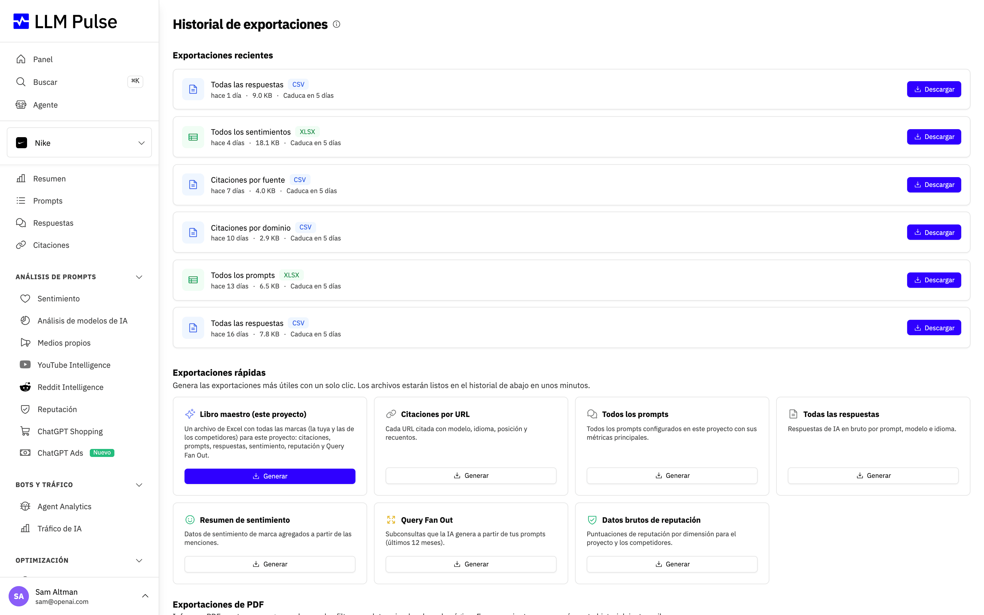 Historial de exportaciones de LLM Pulse, donde se generan y descargan exportaciones CSV y Excel