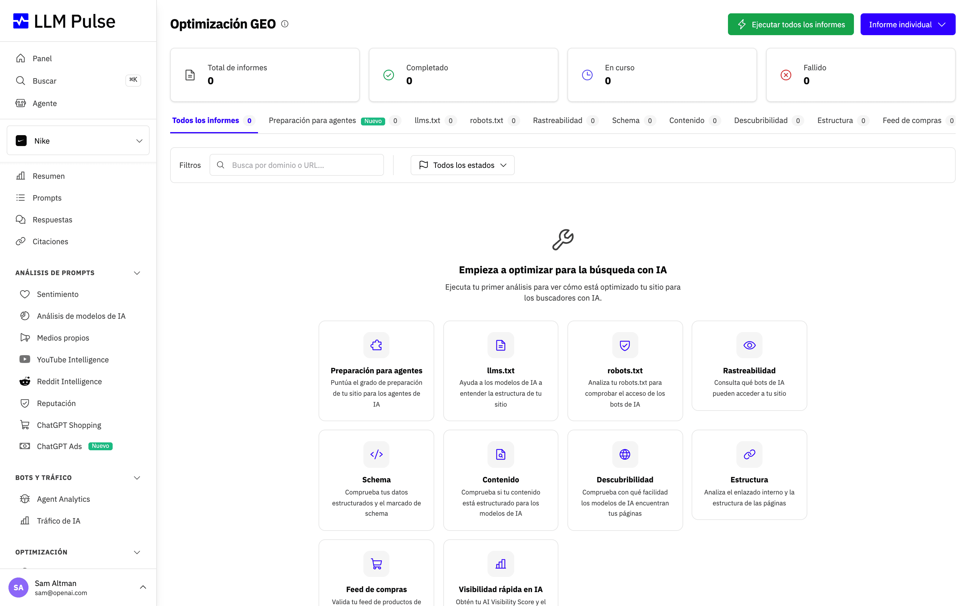Suite de optimización GEO en LLM Pulse, con tipos de análisis: llms.txt, robots.txt, rastreabilidad, esquema, contenido, descubribilidad, estructura, feed de compras y visibilidad en IA