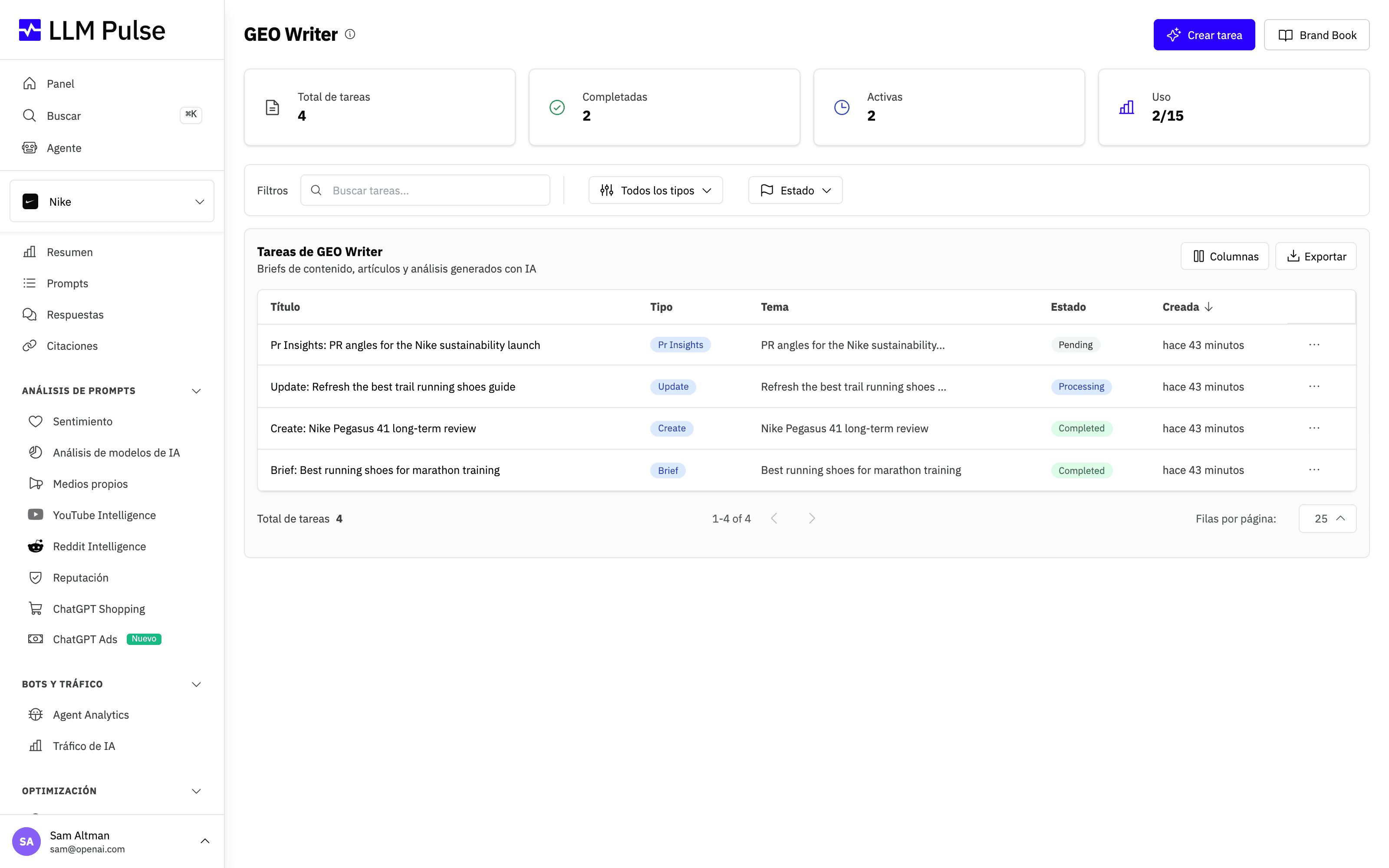 GEO Writer en LLM Pulse para generar briefs y artículos de contenido optimizados para la búsqueda con IA