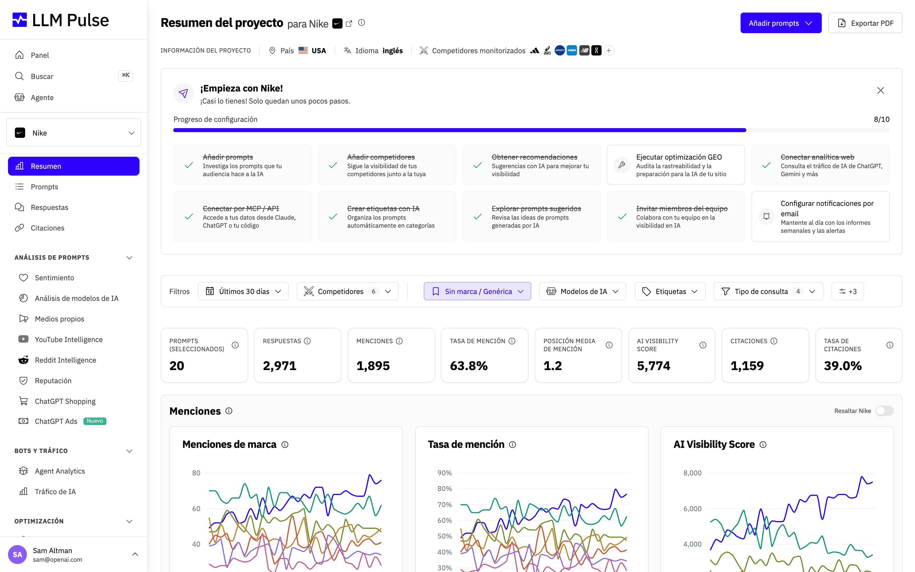 Vista general (Overview) de un proyecto en LLM Pulse con la lista de comprobación de configuración inicial en la parte superior que guía a los nuevos usuarios por los primeros pasos