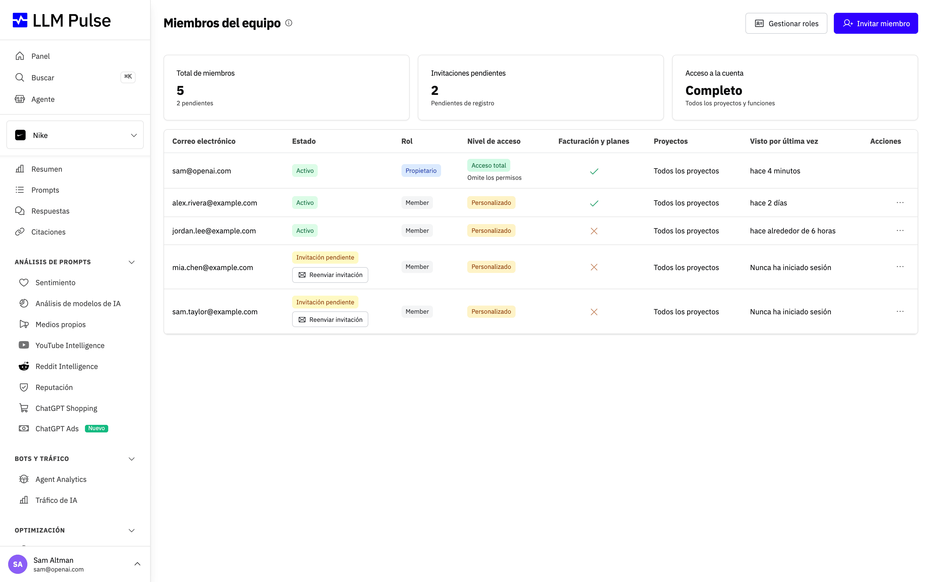 Página Miembros del equipo de LLM Pulse con los miembros, sus roles y sus permisos de acceso a cada función, junto con un botón para invitar a un miembro