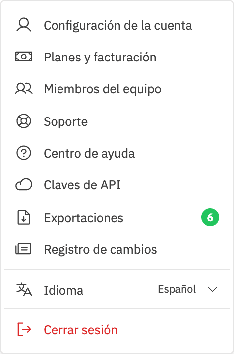 Menú del perfil de LLM Pulse abierto desde el avatar en la parte inferior izquierda de la barra lateral, con enlaces a Configuración de la cuenta, Planes y facturación, Miembros del equipo, Soporte, Centro de ayuda, Claves de API, Exportaciones, Registro de cambios y Cerrar sesión