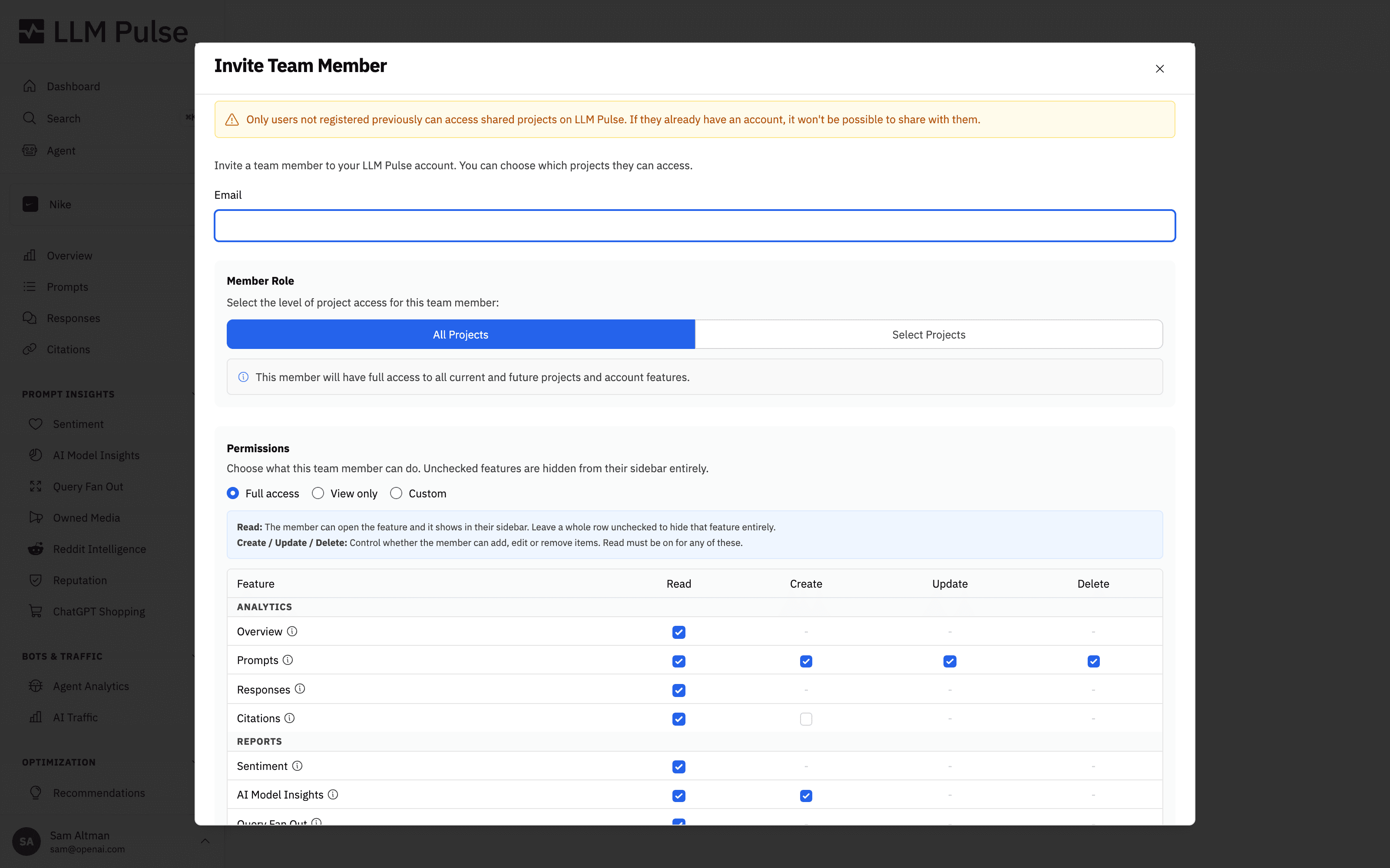 Invite Team Member modal in LLM Pulse with an email field, member role (all projects or selected projects) and a permissions matrix