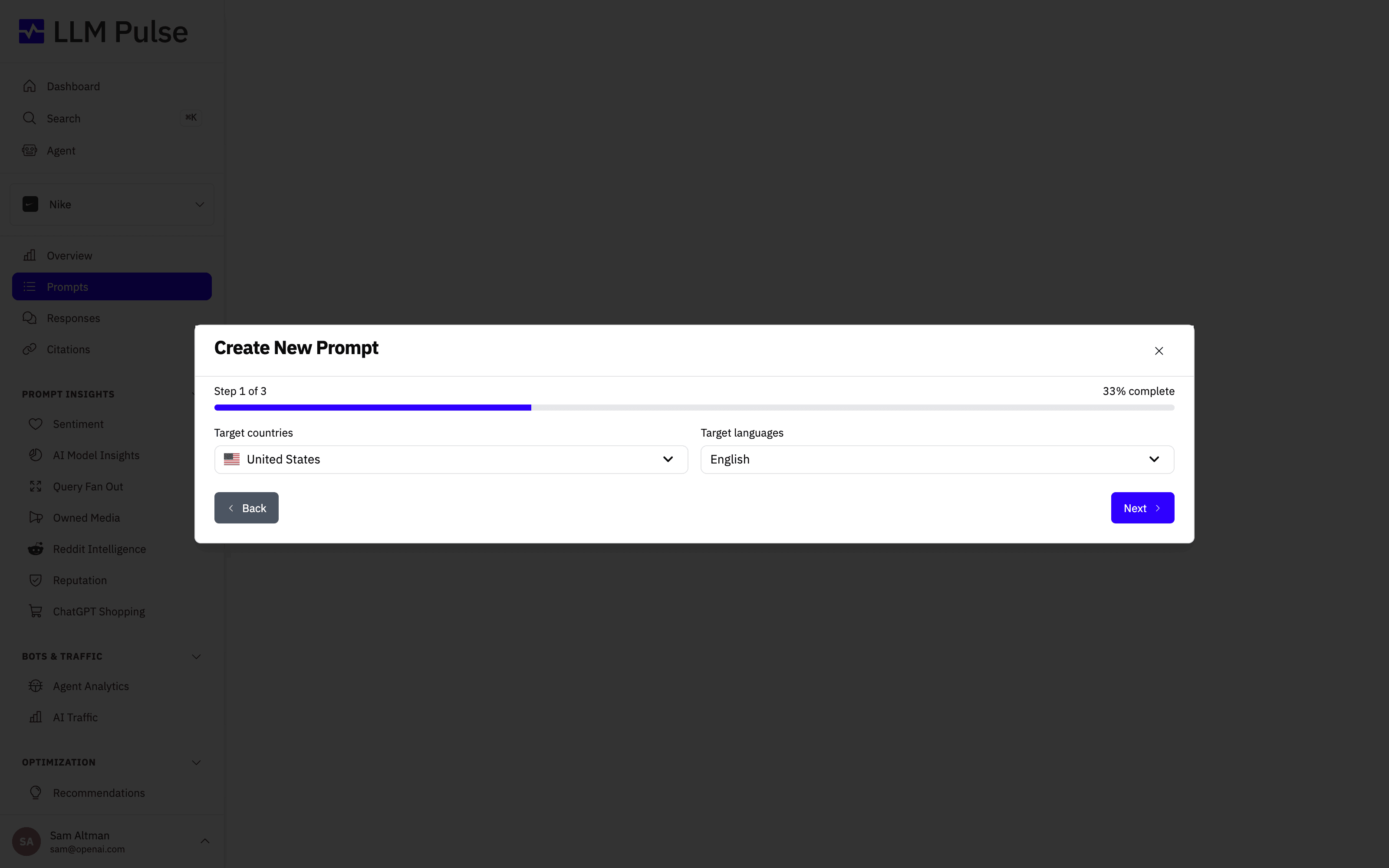 The Create New Prompt modal in LLM Pulse for adding a prompt manually, selecting target countries and languages