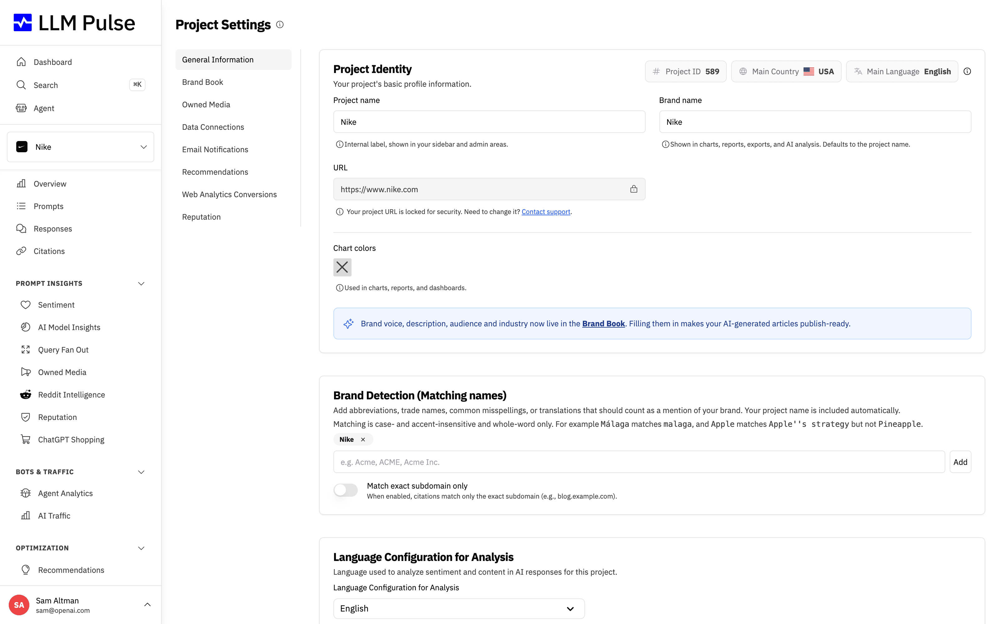 Project Settings in LLM Pulse showing project identity, brand detection and language configuration, with the Delete Project option at the bottom of the page