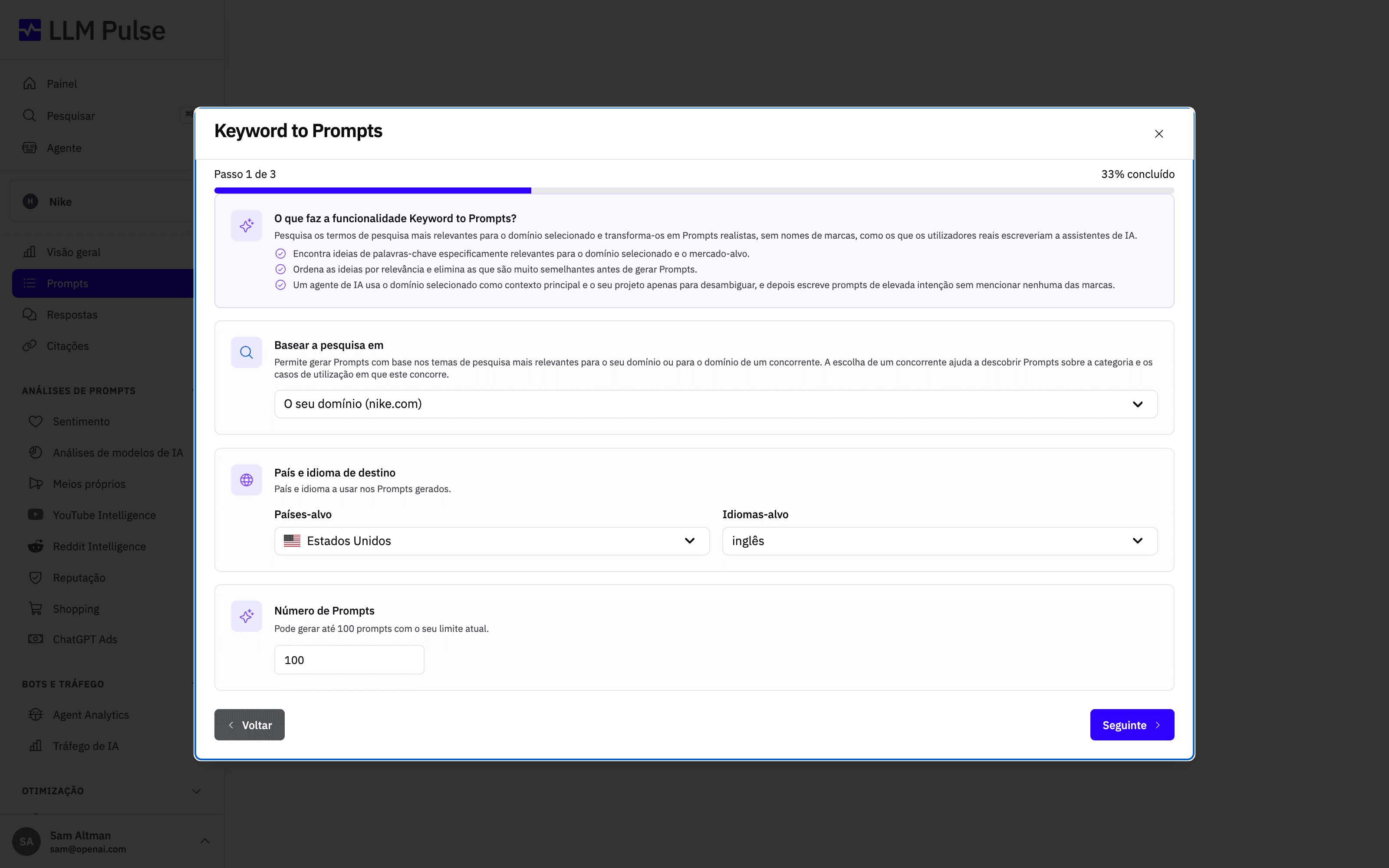 O Keyword to Prompts AI Agent no LLM Pulse a gerar prompts realistas e sem referências à marca, com base nos temas de pesquisa mais relevantes para o seu domínio ou para um concorrente