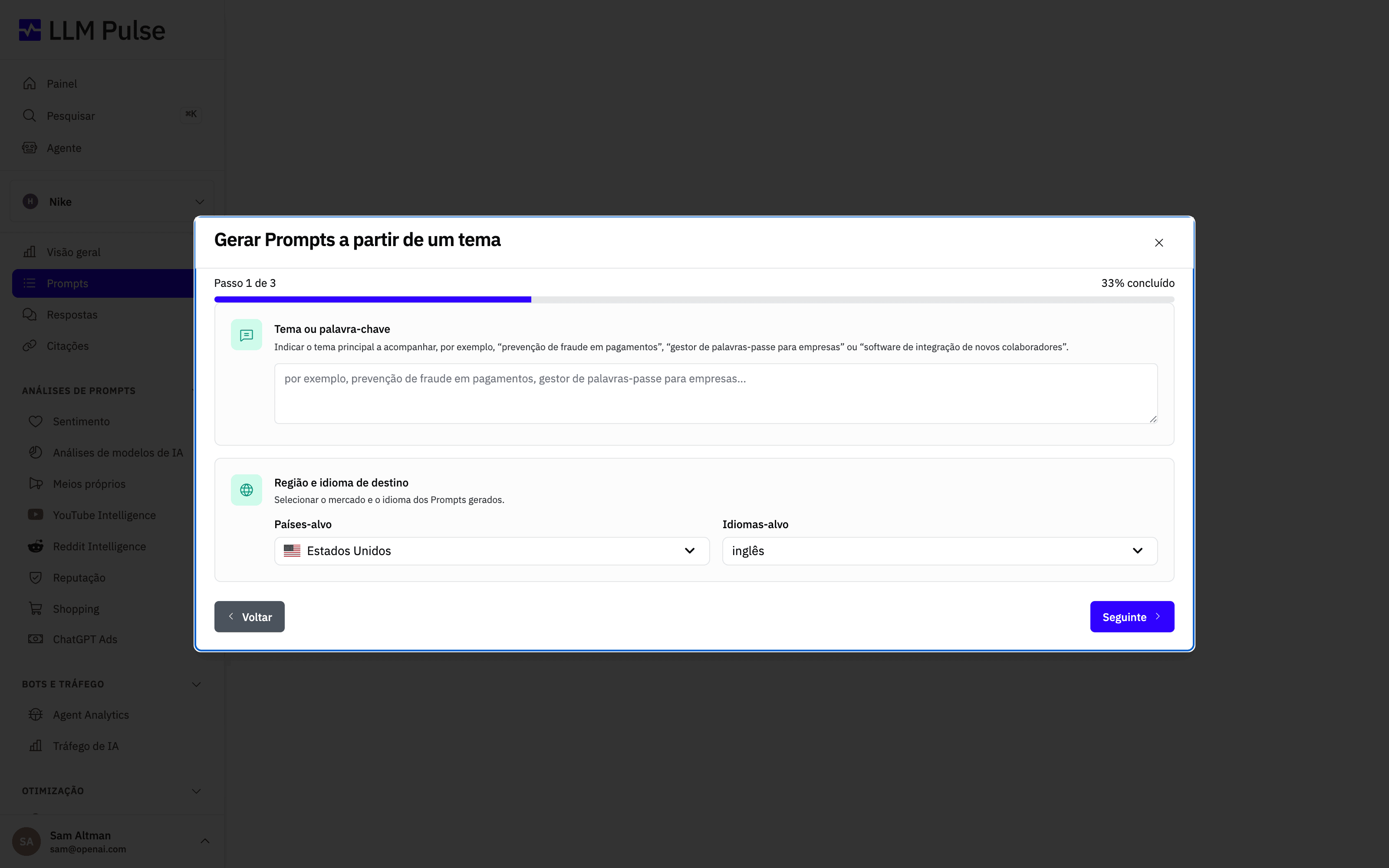 O modal Generate prompts from a topic no LLM Pulse, onde descreve um tópico ou palavra-chave e seleciona o país e o idioma de destino dos prompts