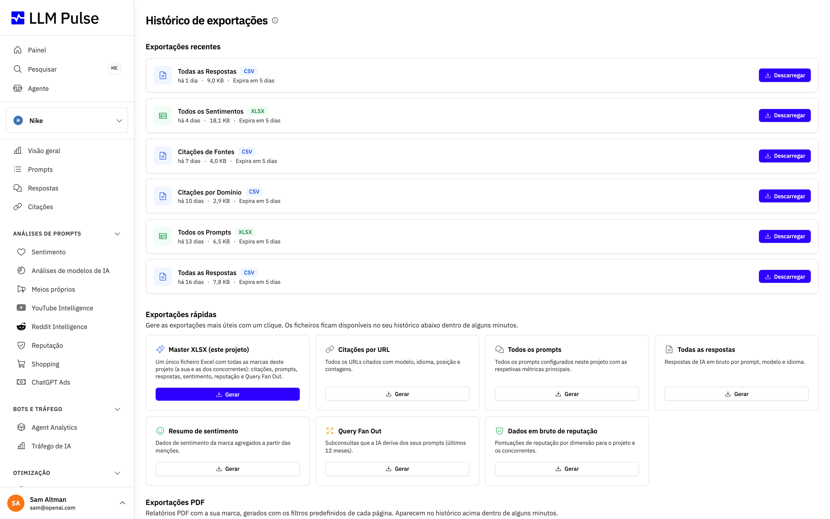 Histórico de exportações na LLM Pulse, onde as exportações em CSV e Excel são geradas e descarregadas