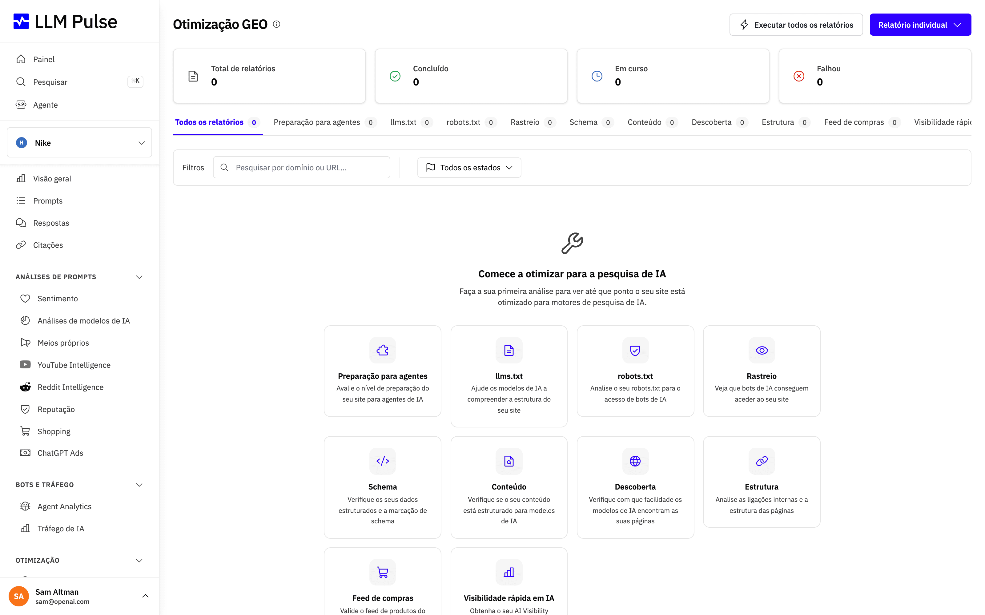 Conjunto de Otimização GEO na LLM Pulse com análises de prontidão para agentes, llms.txt, robots.txt, capacidade de rastreio, schema, conteúdo, descoberta, estrutura, feed de produtos e visibilidade em IA