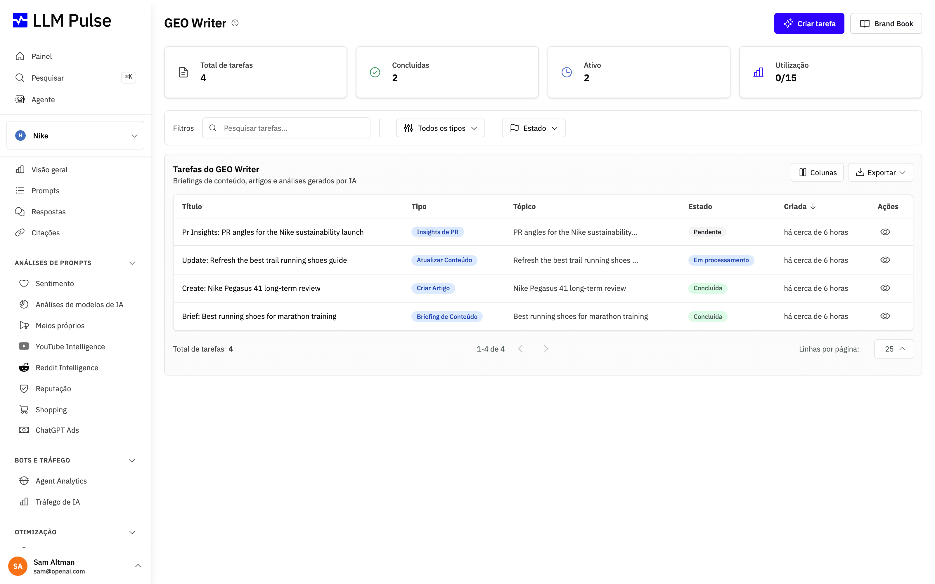 GEO Writer no LLM Pulse para gerar briefings e artigos de conteúdo preparados para a pesquisa com IA