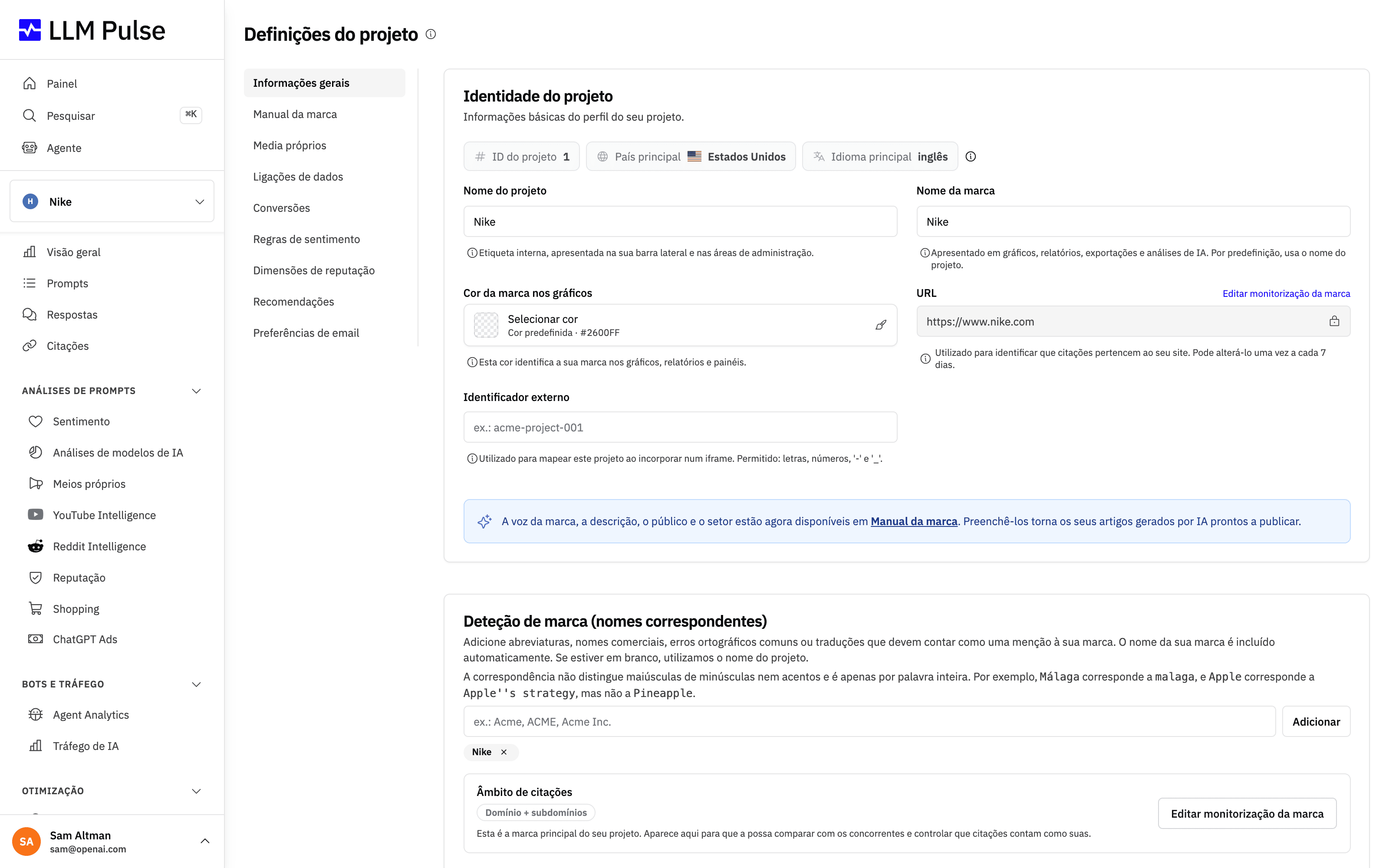 Definições do Projeto no LLM Pulse, mostrando a identidade do projeto e a configuração de deteção de marca e de idioma, com a opção Eliminar Projeto no fundo da página