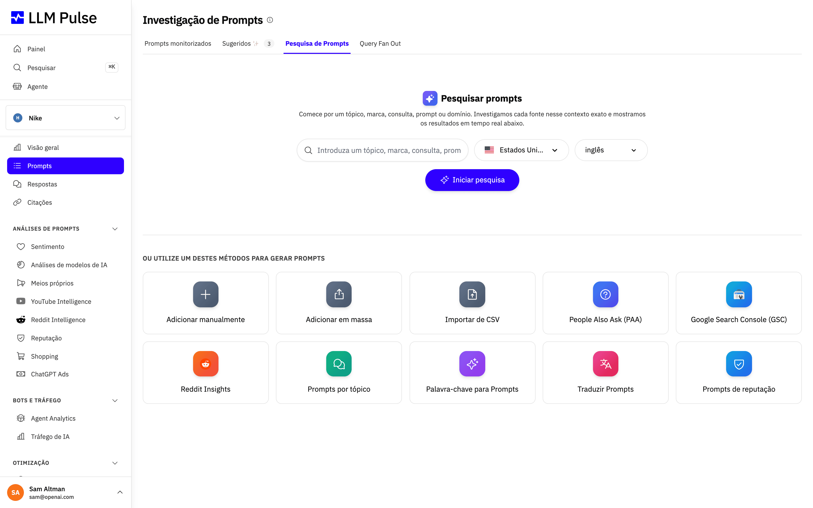 Prompt Research no LLM Pulse, com uma pesquisa por tema e métodos para descobrir Prompts a partir de People Also Ask, Google Search Console, Reddit, temas, palavras-chave e sugestões de IA