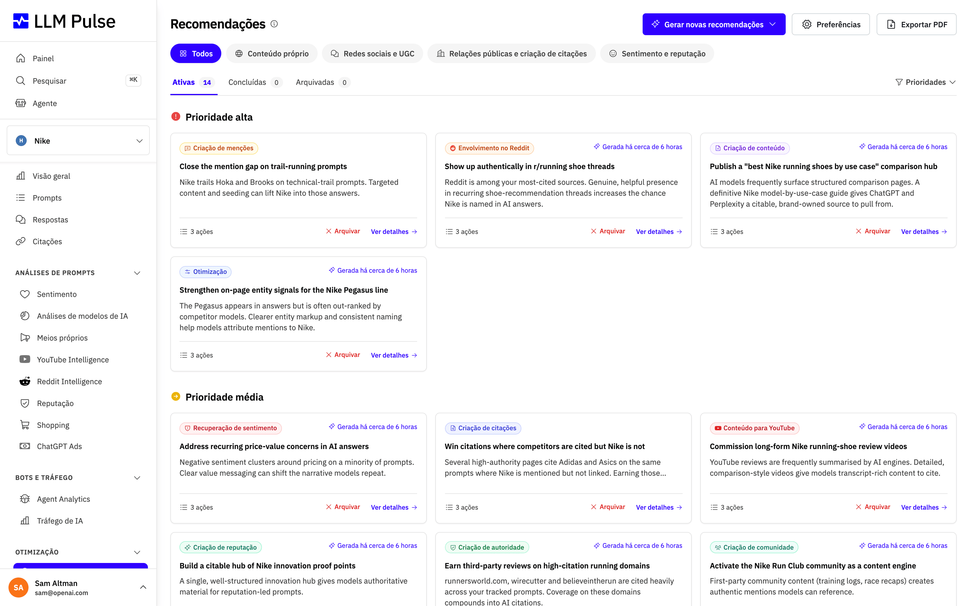 Recomendações no LLM Pulse, com ações geradas por IA, ordenadas por prioridade e agrupadas por categoria para melhorar a visibilidade na pesquisa com IA