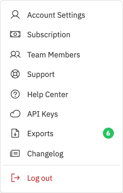 The user menu in LLM Pulse, opened from the avatar at the bottom-left of the sidebar, with links to Account Settings, Subscription, Team Members, Support, Help Center, API Keys, Exports, Changelog and Log out
