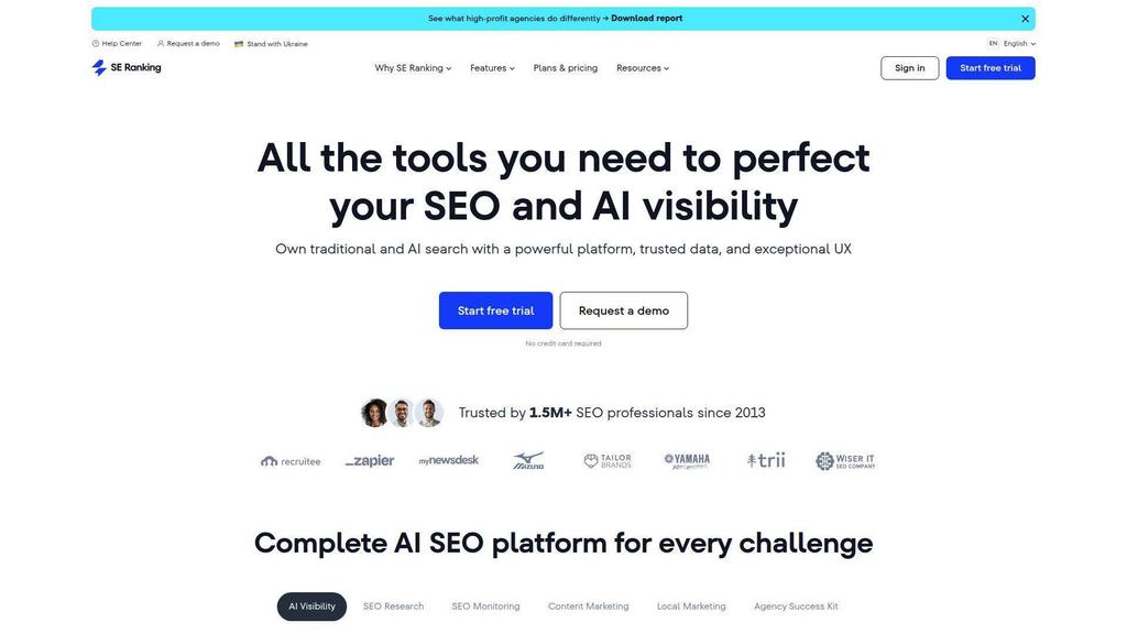 SE Ranking’s homepage promotes an SEO and AI visibility platform, with free-trial and demo buttons and customer logos