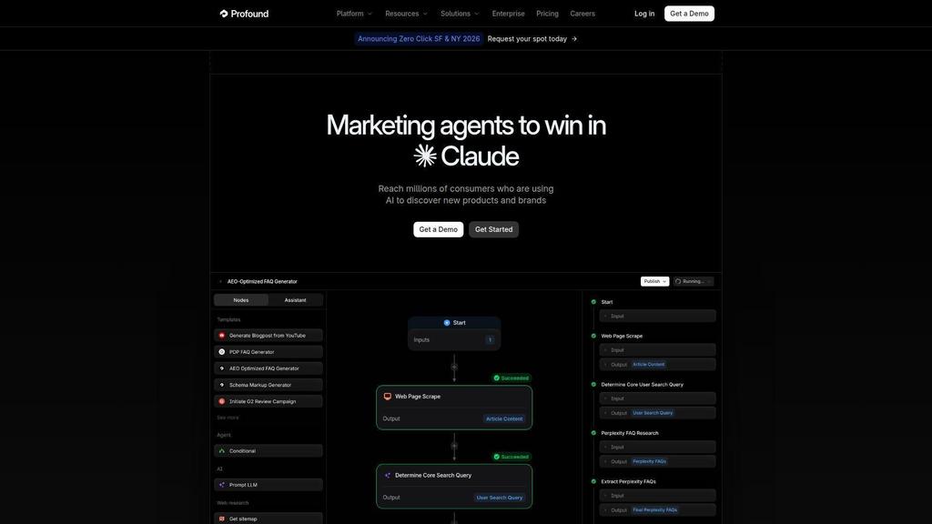 Profound’s homepage promotes AI marketing agents for Claude and shows a visual workflow for generating SEO content and research