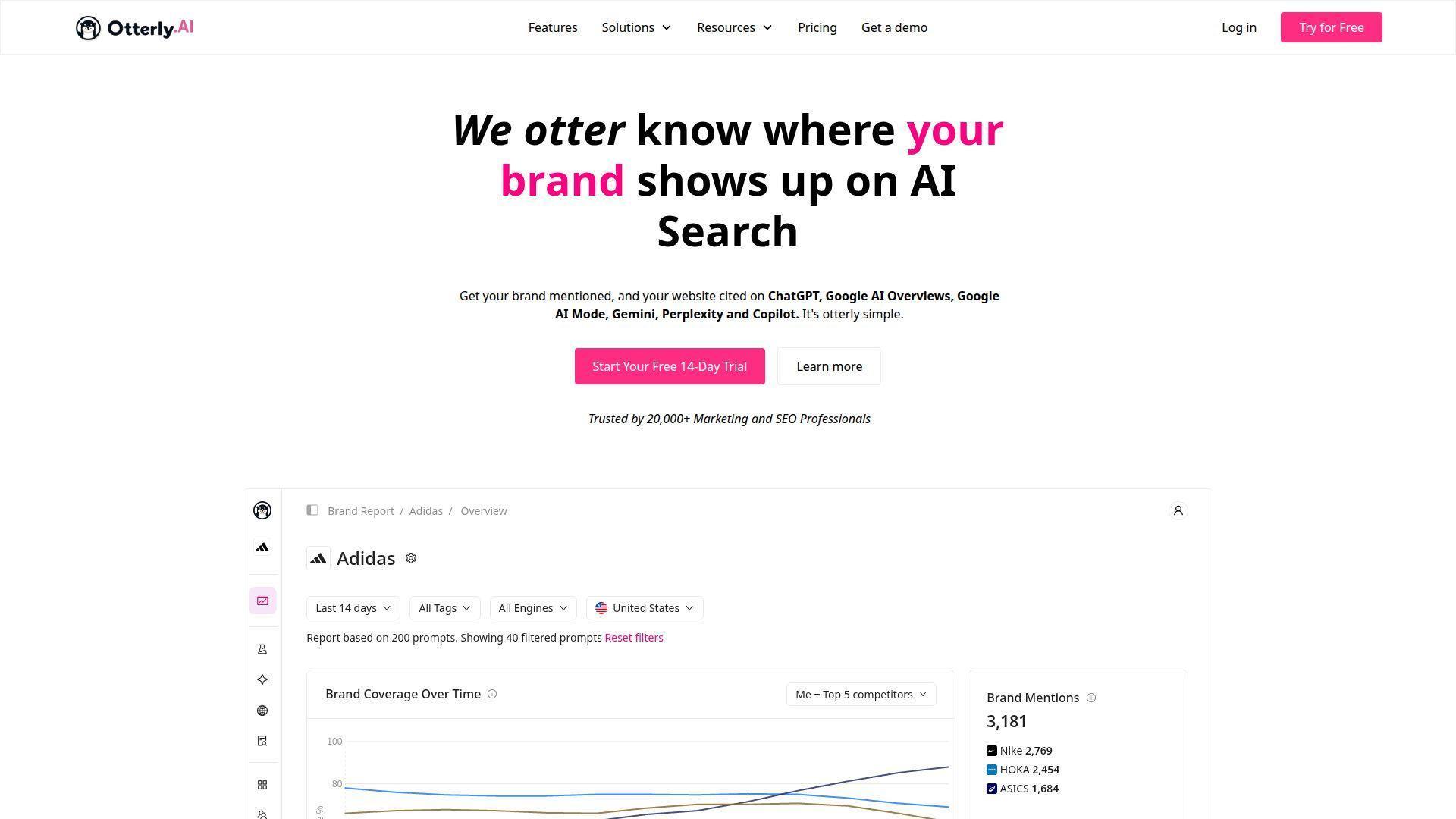 Otterly.AI’s homepage introduces its AI search visibility service and shows an Adidas brand report with coverage trends and brand mentions.