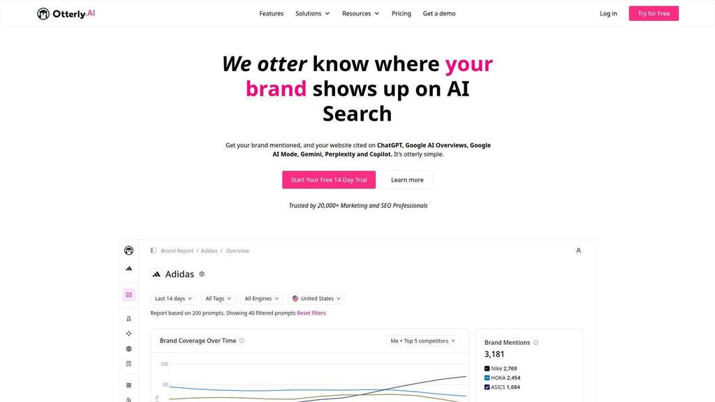 Otterly.AI’s homepage introduces its AI search visibility service and shows an Adidas brand report with coverage trends and brand mentions