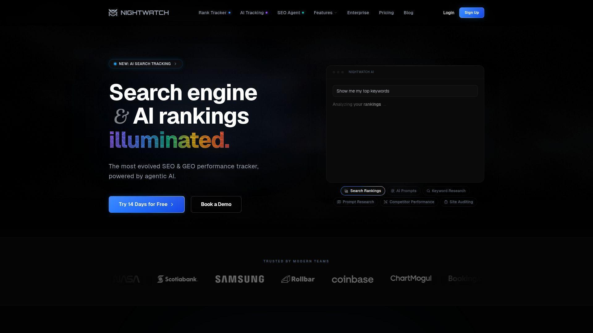 Nightwatch’s homepage promotes SEO and AI ranking tracking, with trial and demo buttons and a product interface preview.