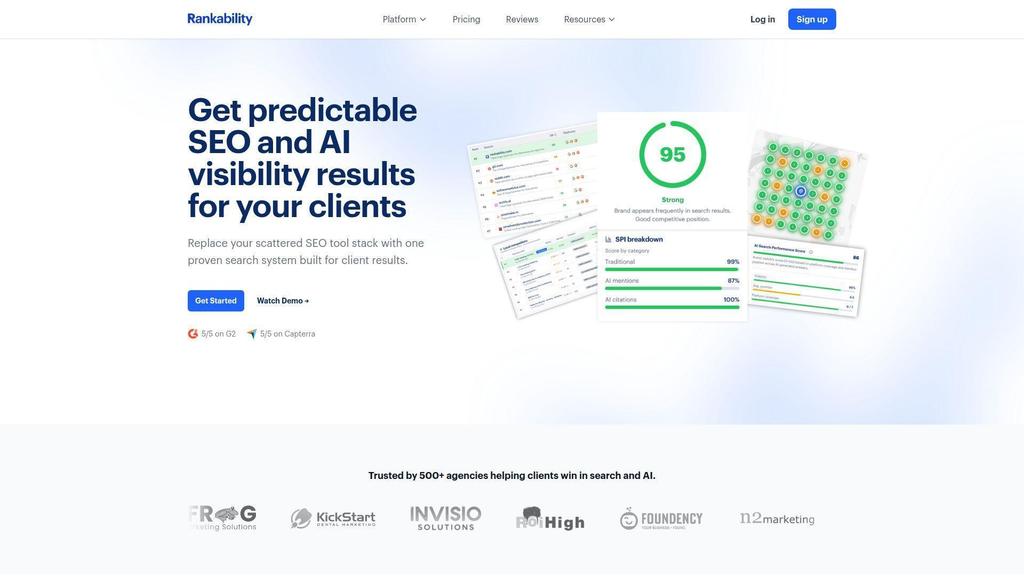 Rankability’s homepage promotes predictable SEO and AI visibility results, with dashboard previews and client agency logos
