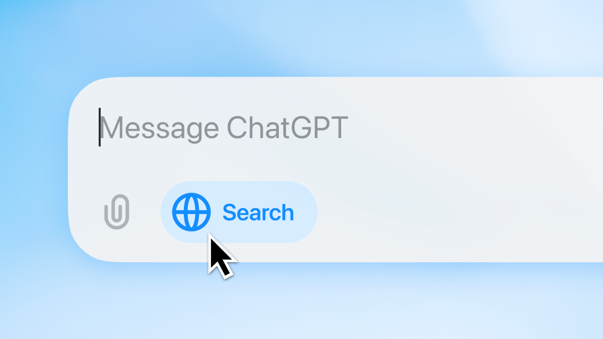 ChatGPT message field with the Search option selected, showing a globe icon and cursor for web search.