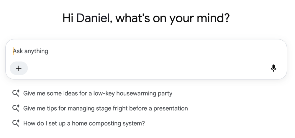 Google AI Mode home screen with an “Ask anything” prompt and suggested questions about party planning, stage fright, and composting.