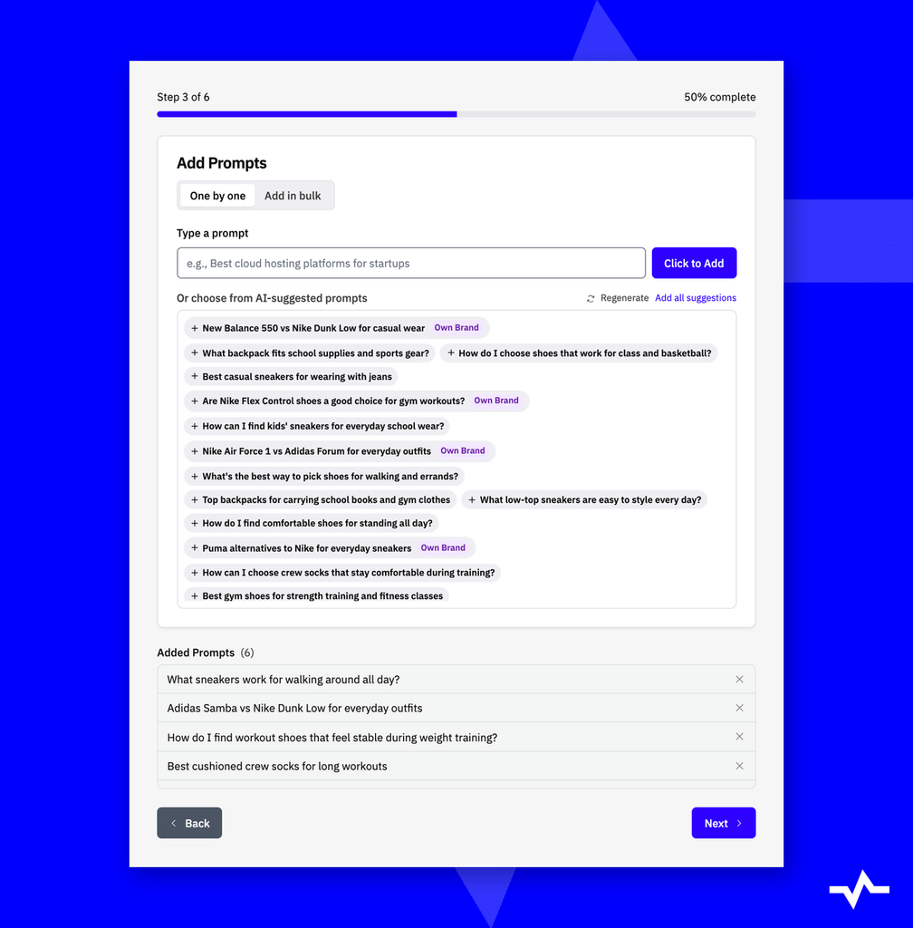 LLM Pulse project setup, step 3 of 6: type your own prompts or pick from AI-suggested prompts, with the list of prompts already added